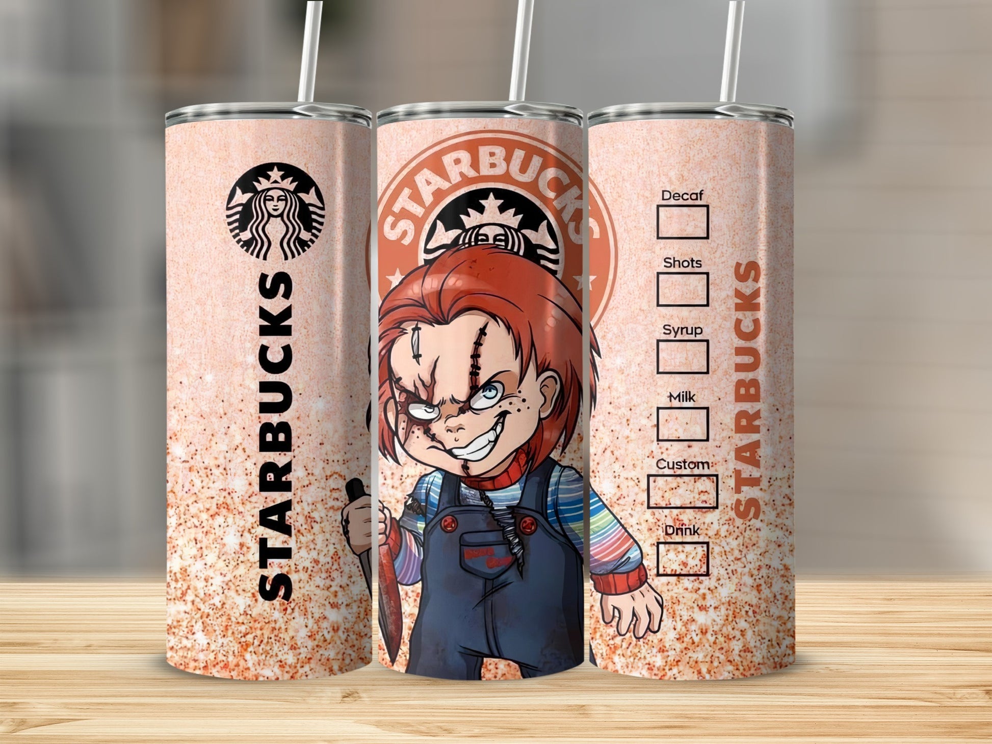 Chucky character on Starbucks tumbler with drink customization options.