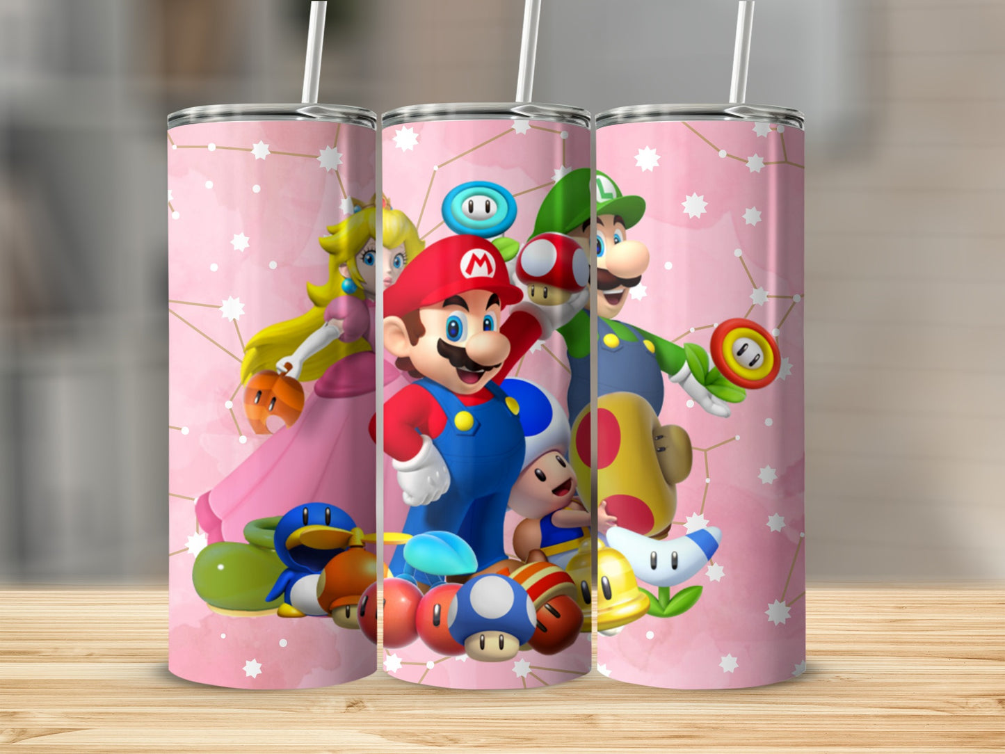 Animated Mario Character Design on Pink Tumbler
