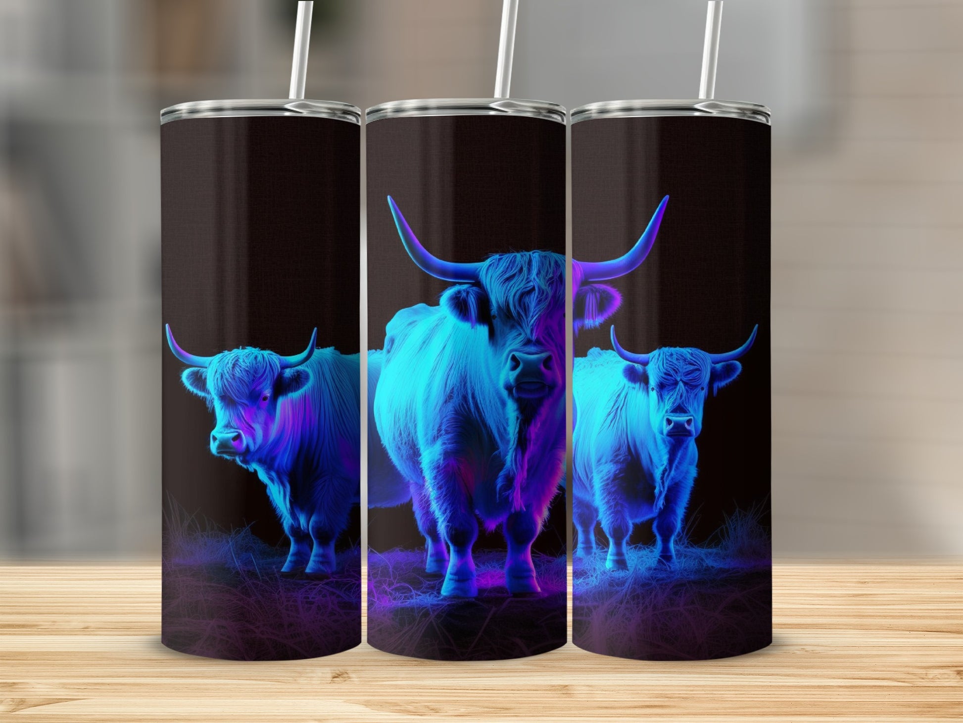Three Highland cows in neon blue and purple against a dark background.
