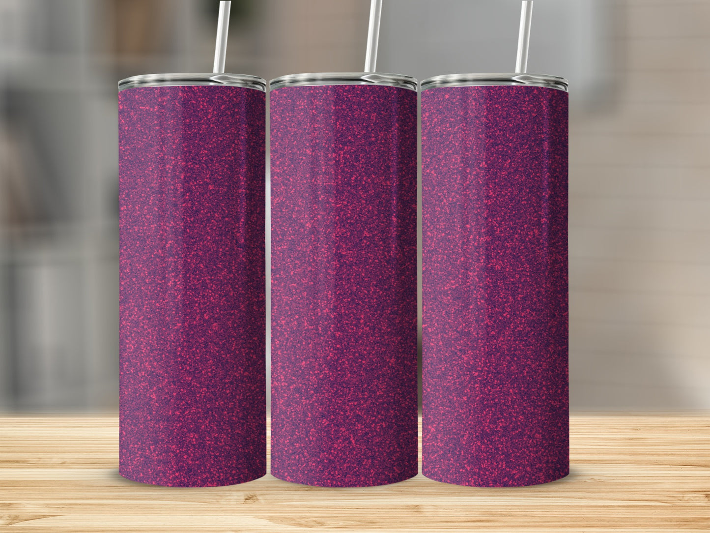 Glittery Deep Pink Tumbler Cup with Straw