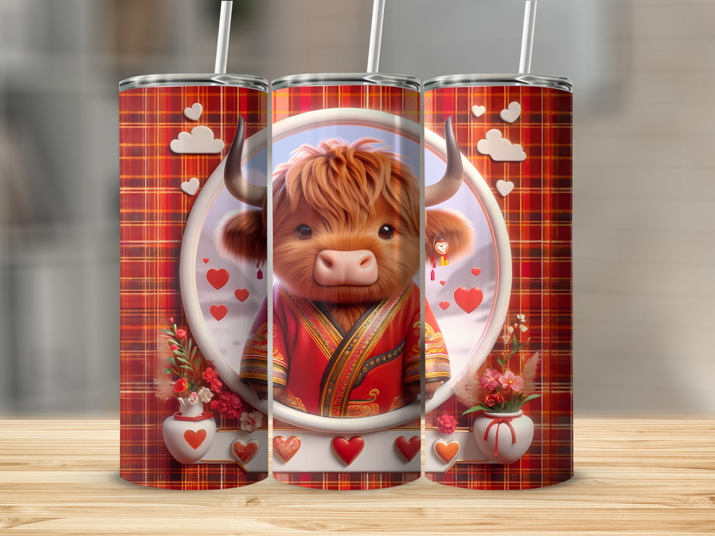 Cute Highland cow on a plaid tumbler with hearts and flowers.