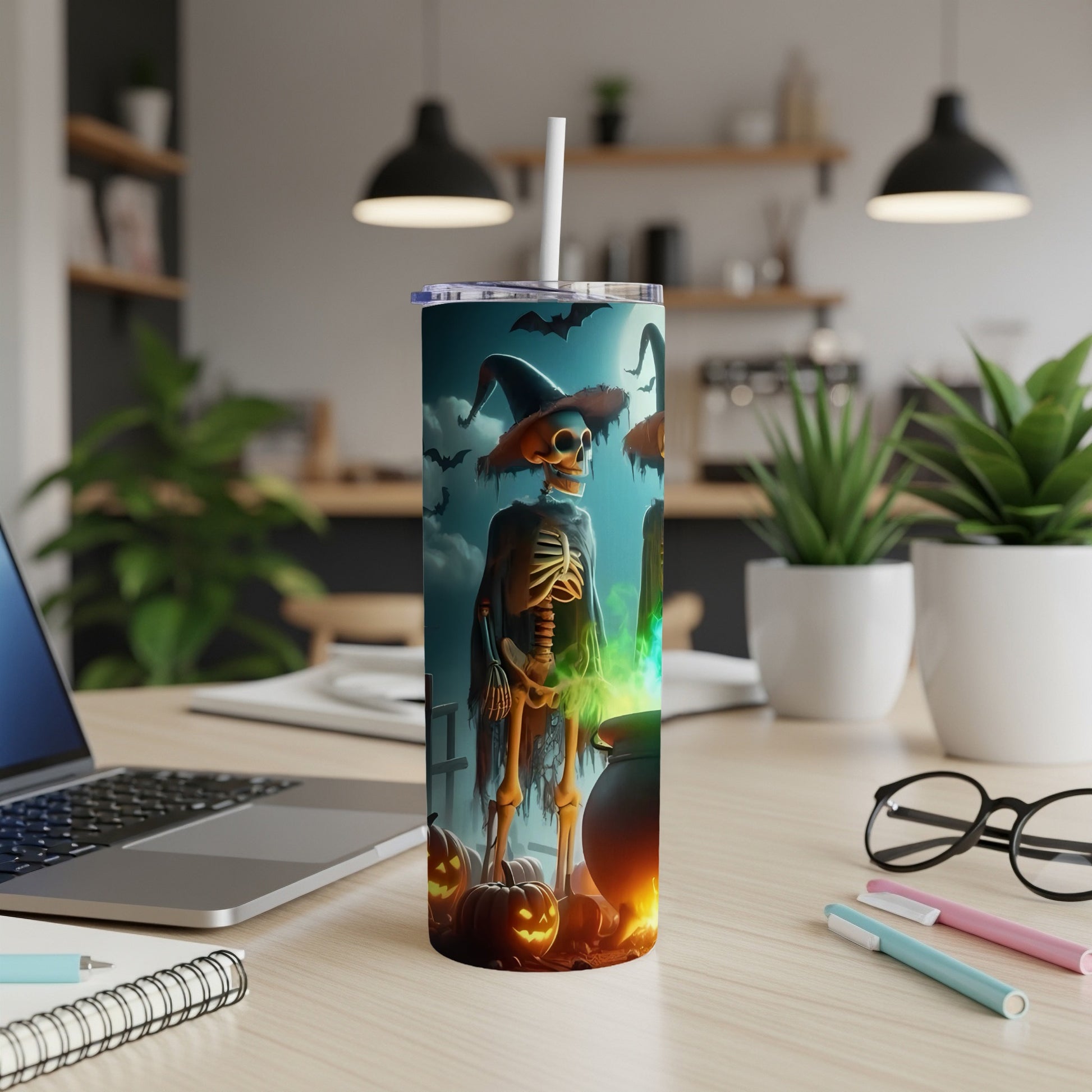 Skeleton witch with cauldron and pumpkins Halloween design on a tumbler.
