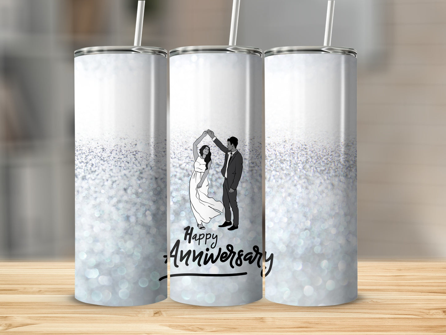 Silver glitter tumbler with dancing couple and "Happy Anniversary" text.