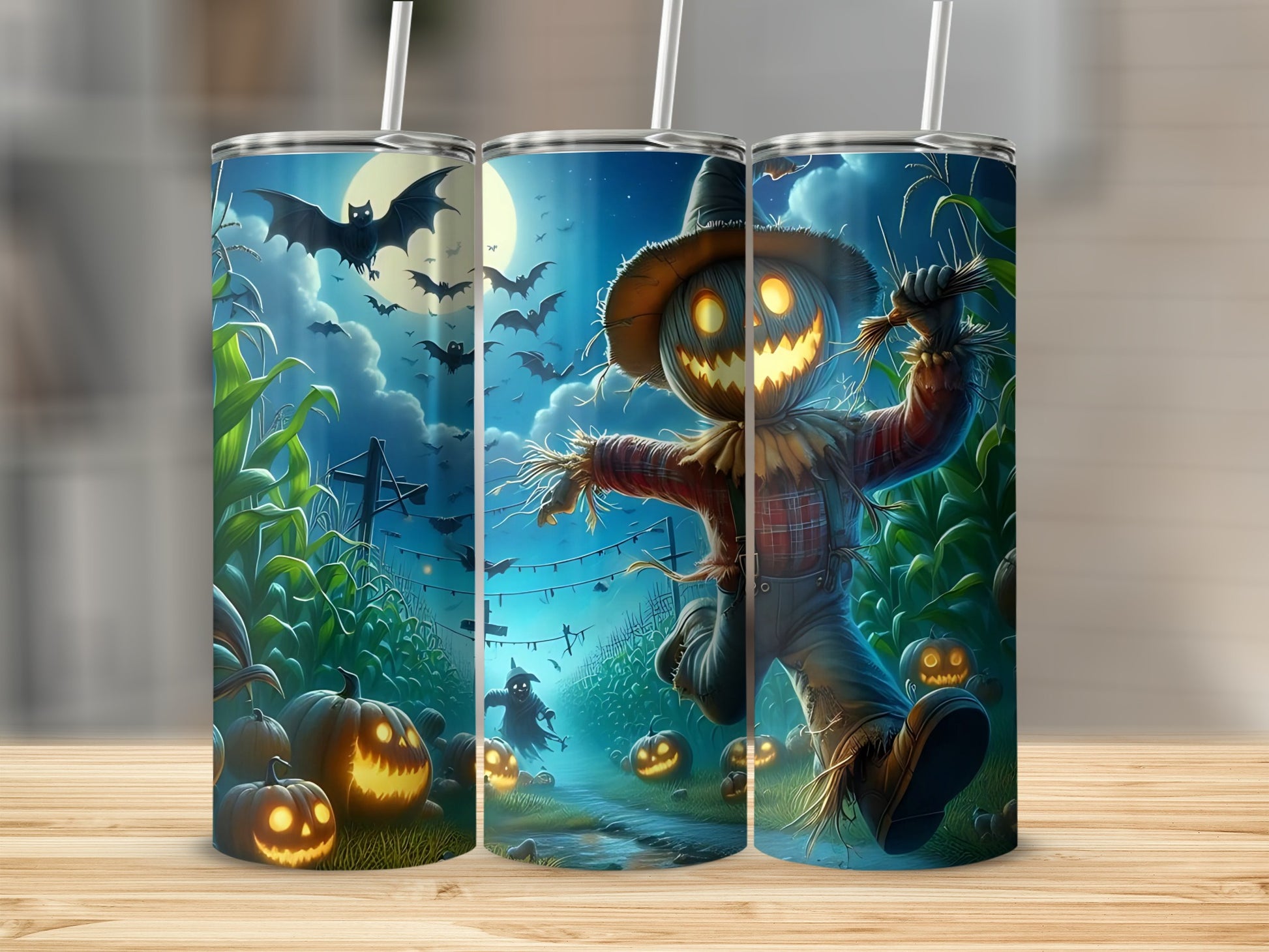 Spooky Halloween Scarecrow and Pumpkins tumbler