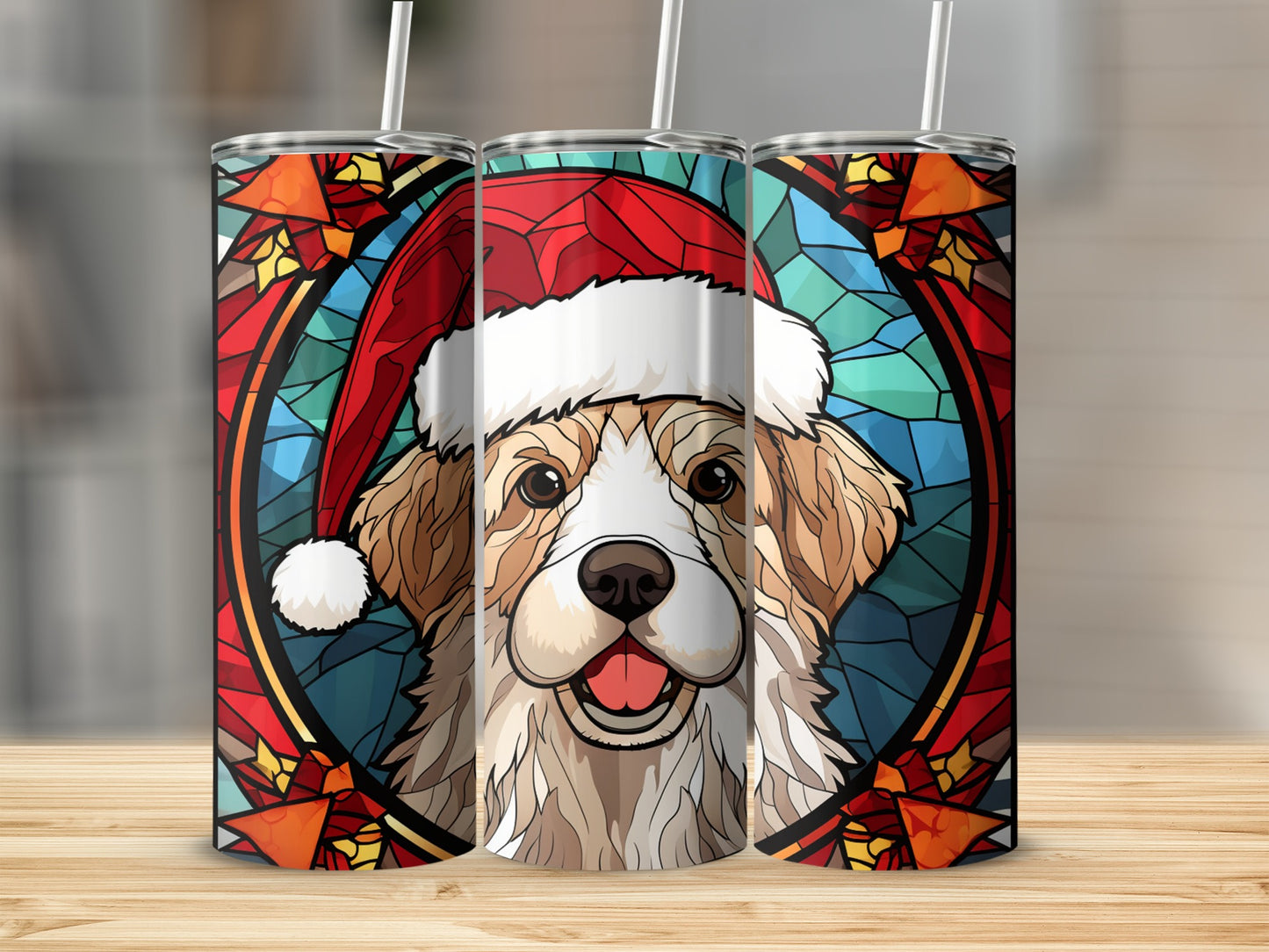Dog wearing Santa hat in stained glass design on three tumblers.