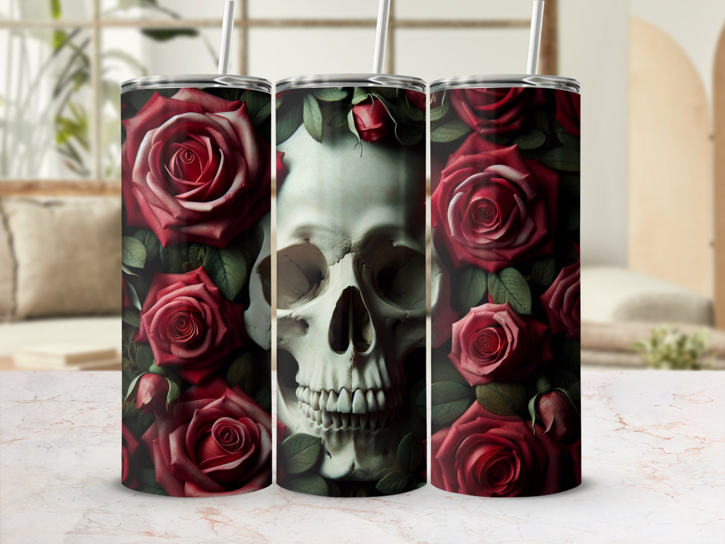 Skull and roses tumbler on marble surface with blurred background.