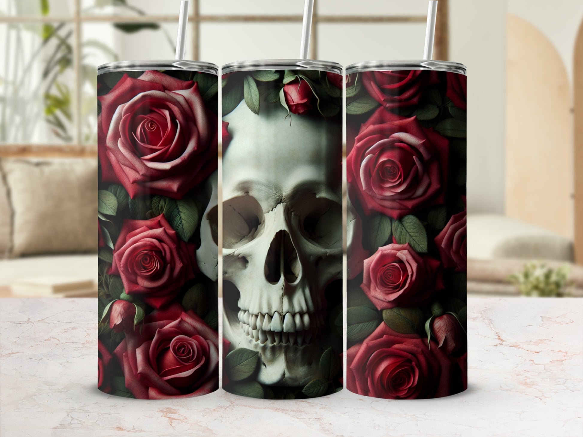 Skull and roses tumbler on marble surface with blurred background.