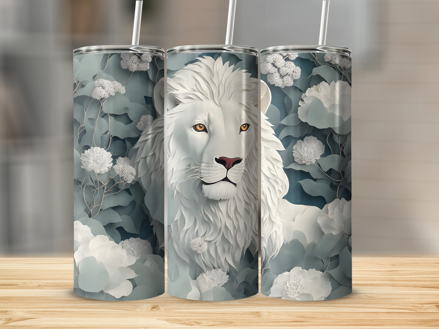 White lion with floral pattern on a 20oz skinny tumbler.
