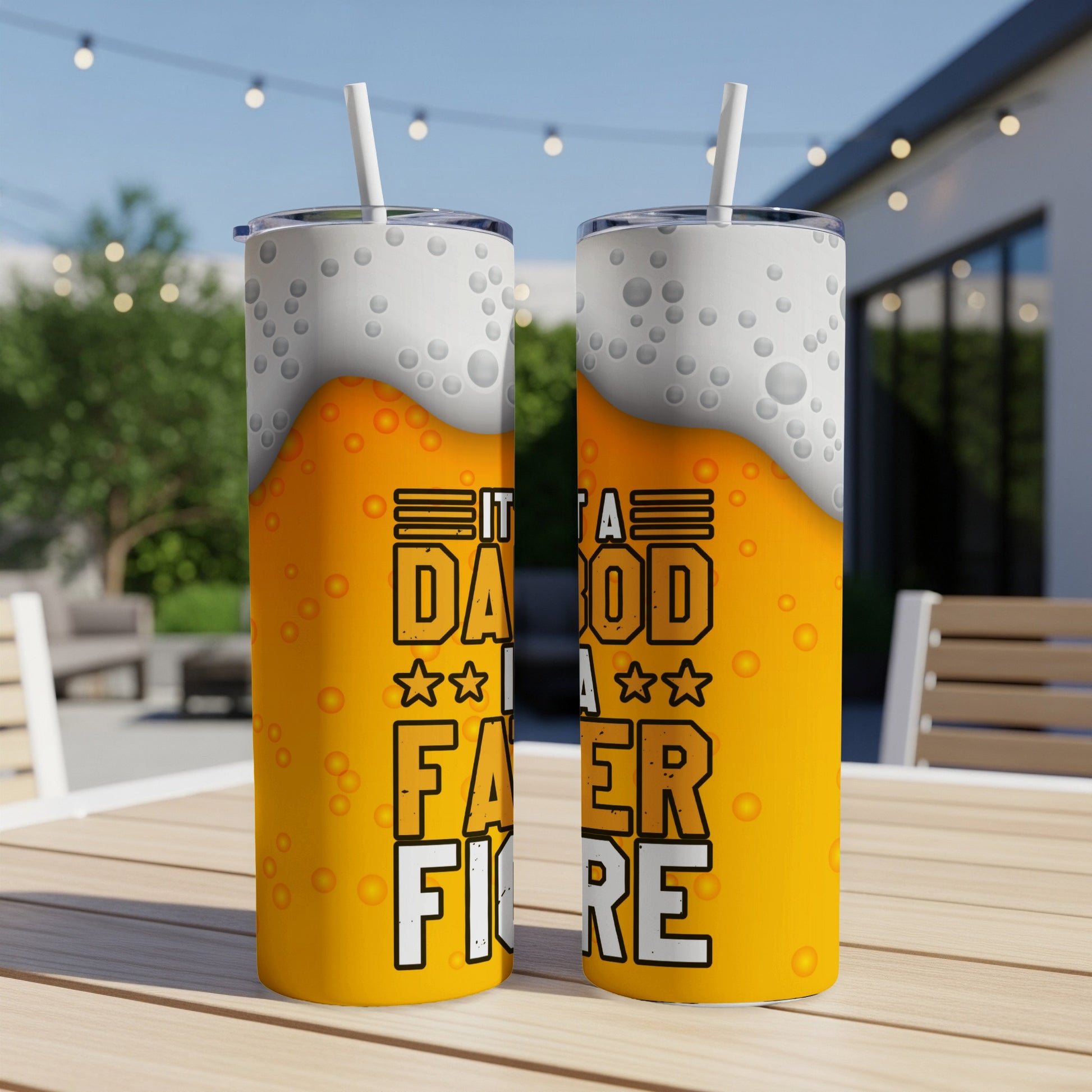 Two tumblers with a beer foam design and text referencing a father.