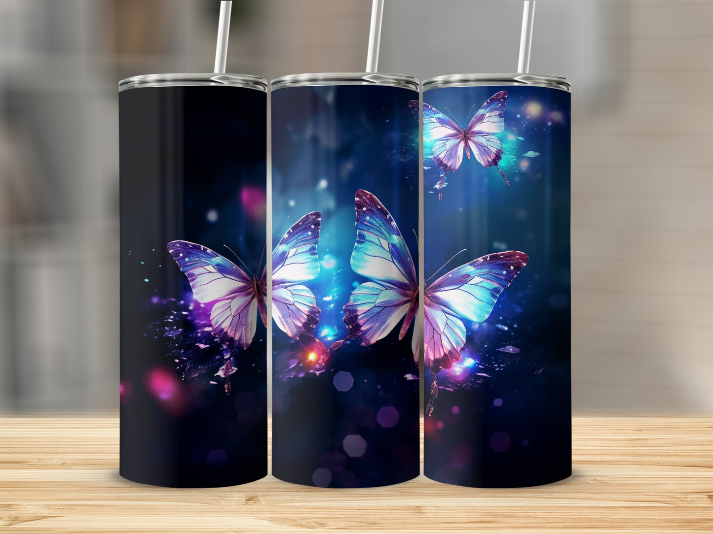 Luminous Butterfly Pattern Dark Hues Tumbler product type
butterfly, luminous, glowing, vibrant, blue, purple, dark background, abstract design, bokeh effect, magical, ethereal, nature, insect, unique pattern, drinkware, insulated tumbler, beverage cup, gift idea, eye-catching, beautiful design
