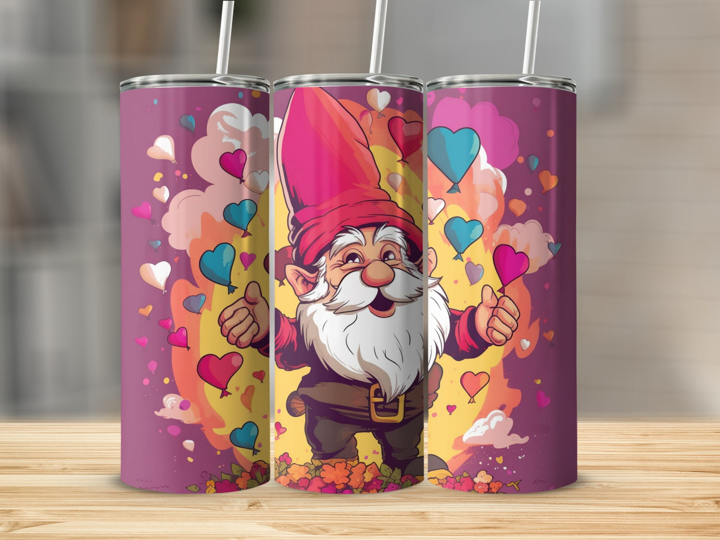 Colorful Hearts and Gnome Design Tumbler
