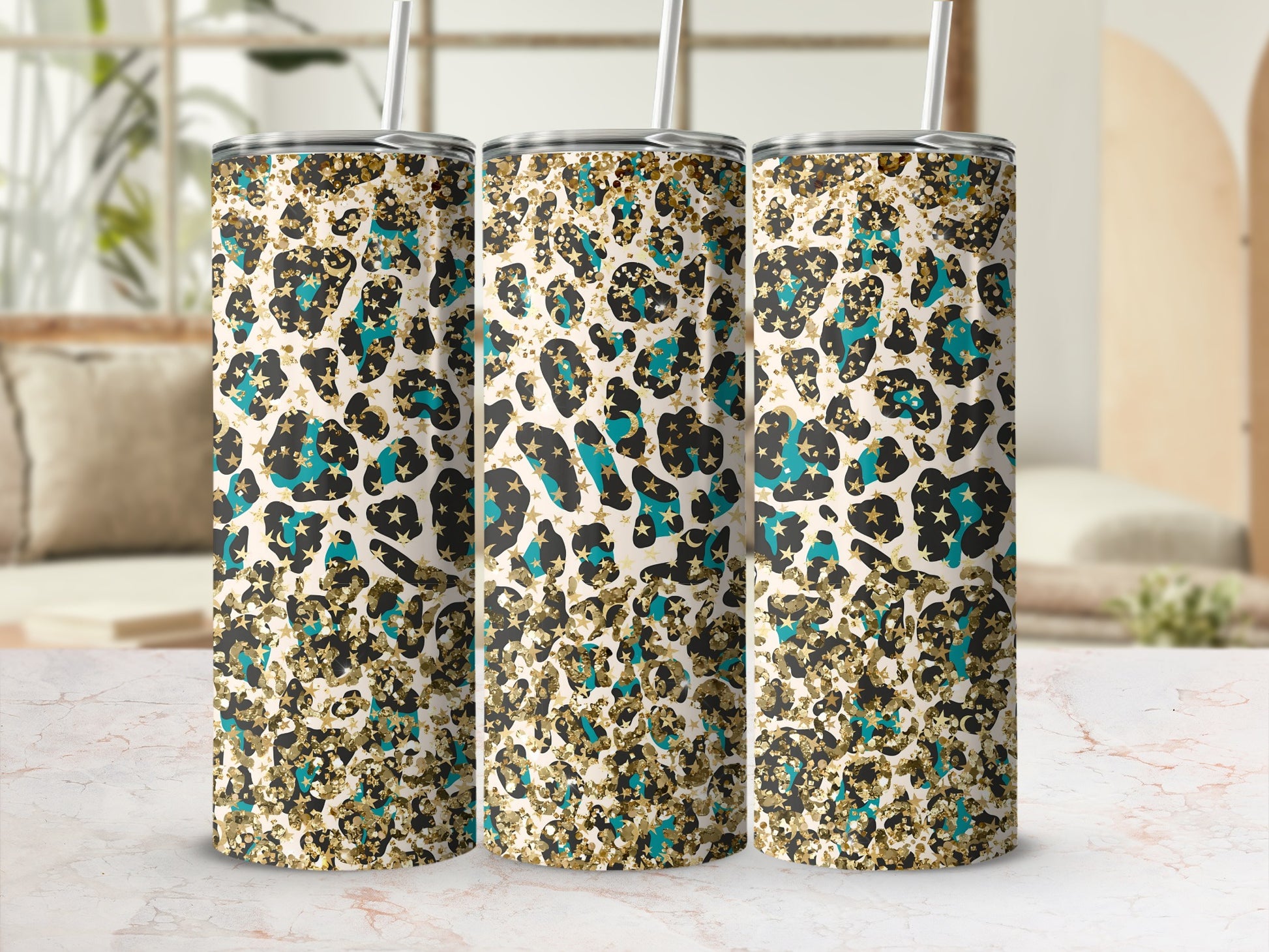 Glittery Leopard Stars and Splotches Pattern Tumbler