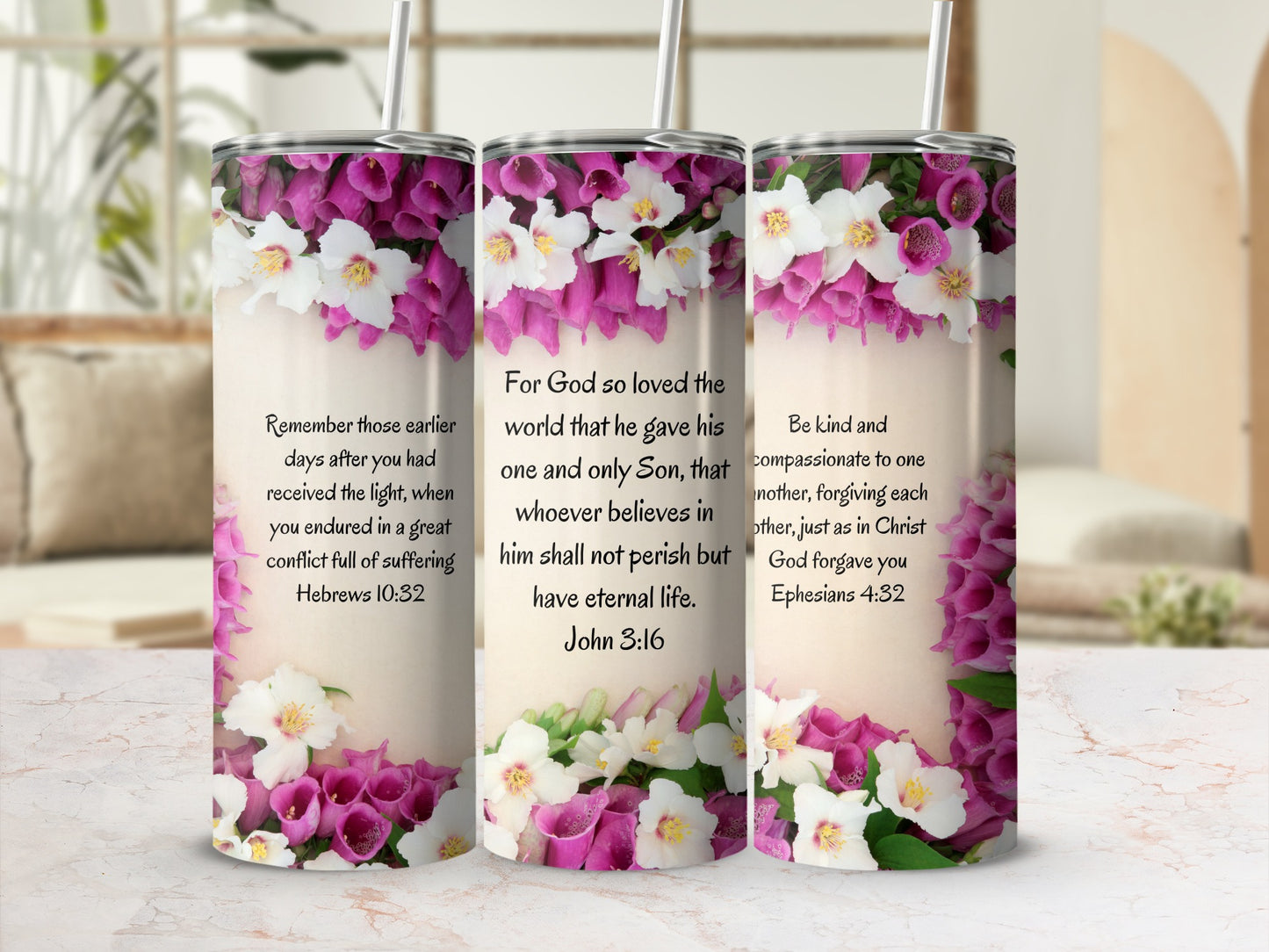 Inspirational Floral Scripture Design Tumbler Set