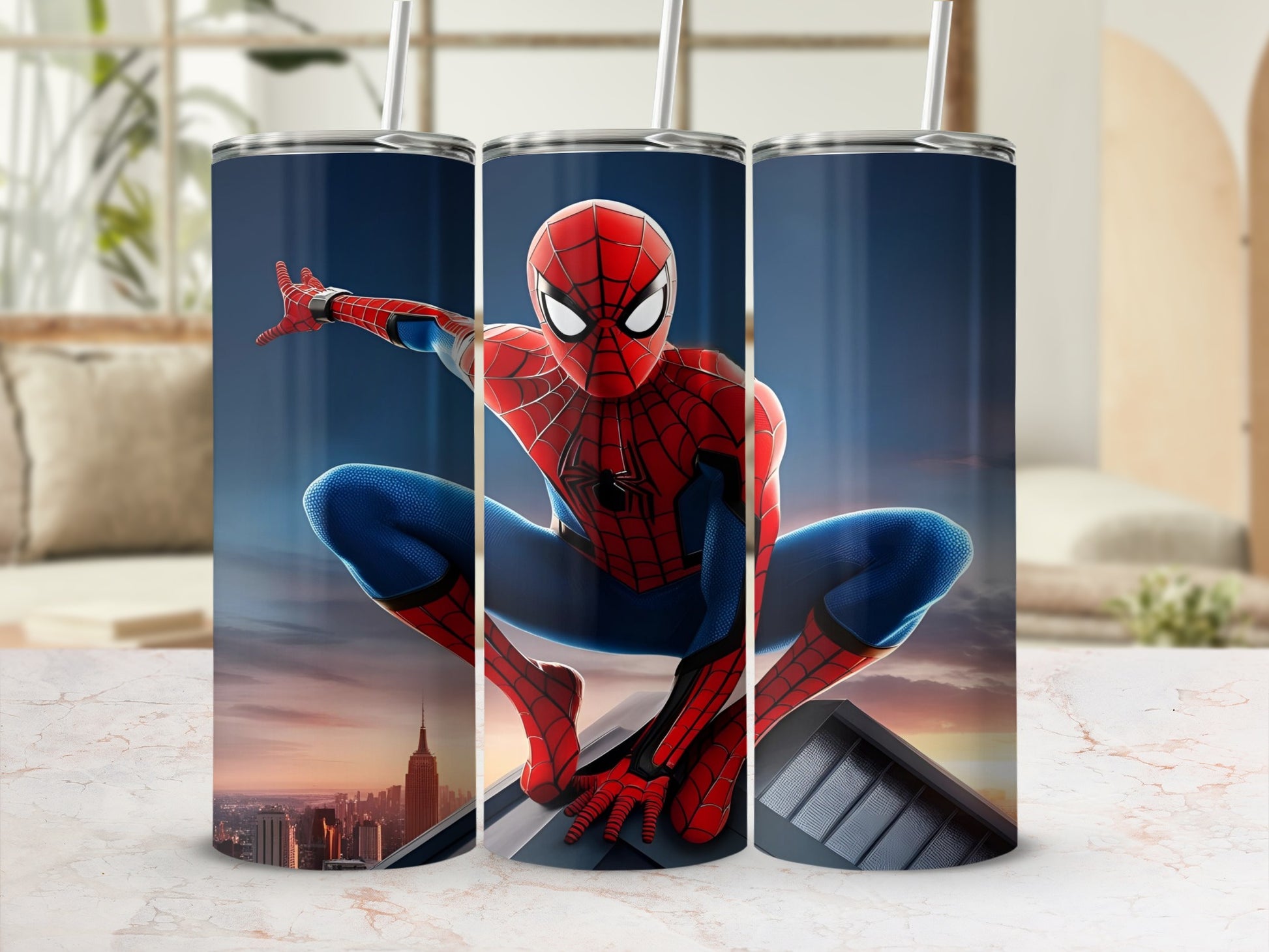 Spider-Man crouches on a rooftop, city skyline in background.