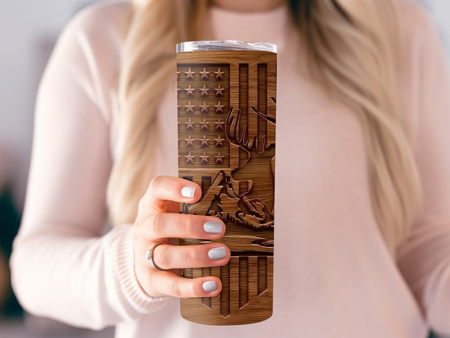 American Flag Moose Engraving Stainless Tumbler Cup