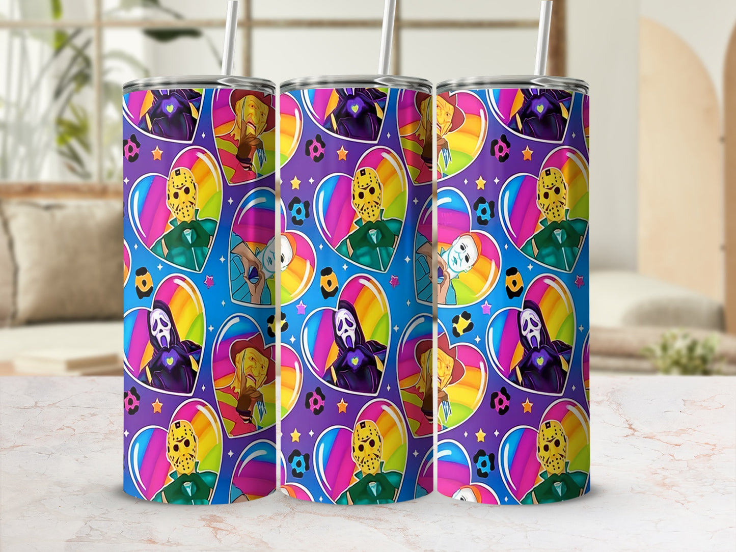 Tumbler with cartoon horror characters in colorful hearts on a purple background.