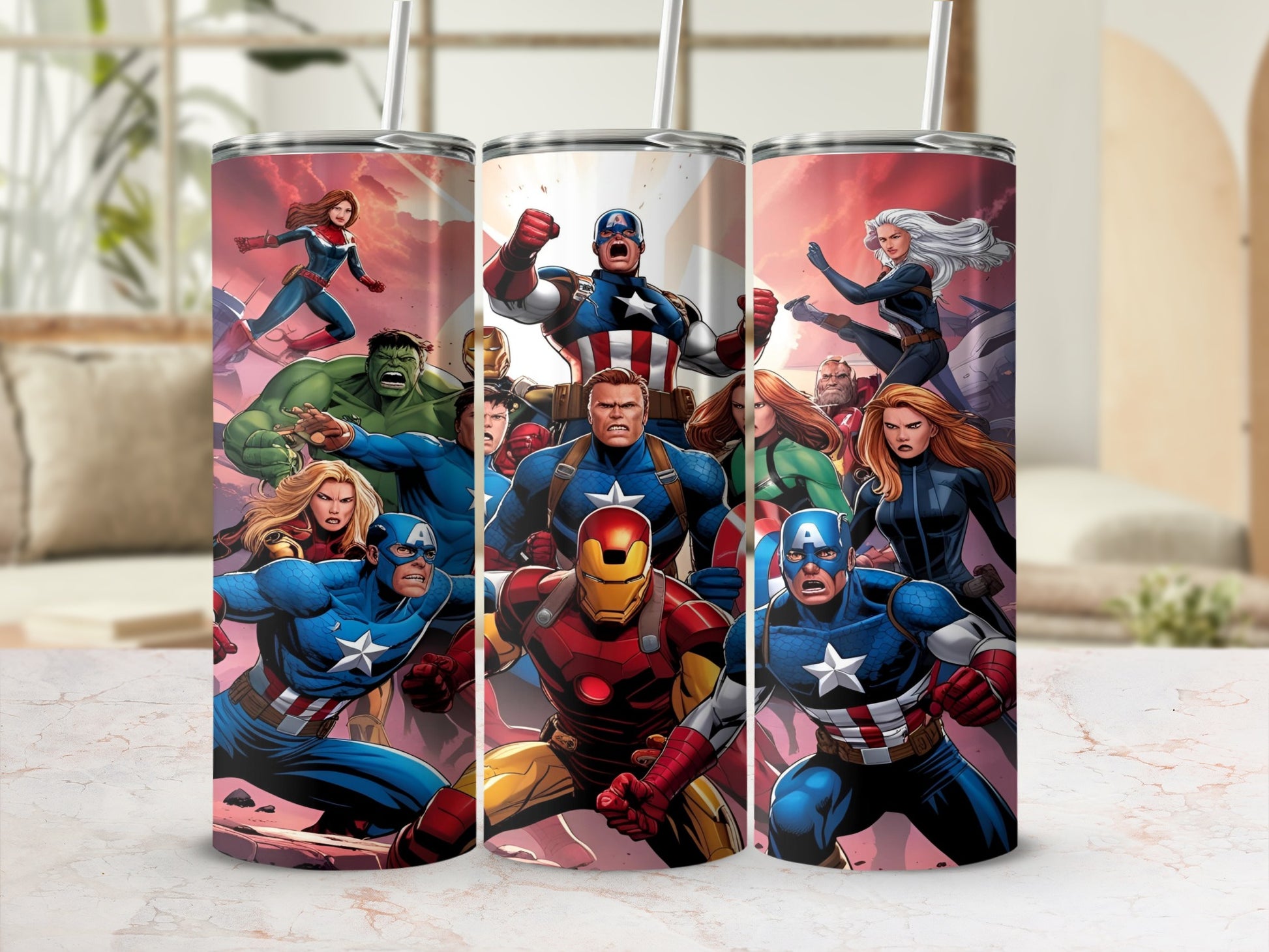 Marvel superheroes Captain America, Iron Man, Hulk, and Black Widow on tumblers.