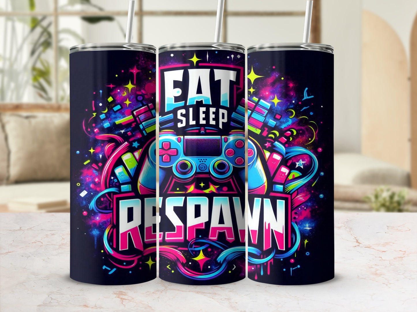 Tumbler with "Eat Sleep Respawn" text and colorful video game controller design.