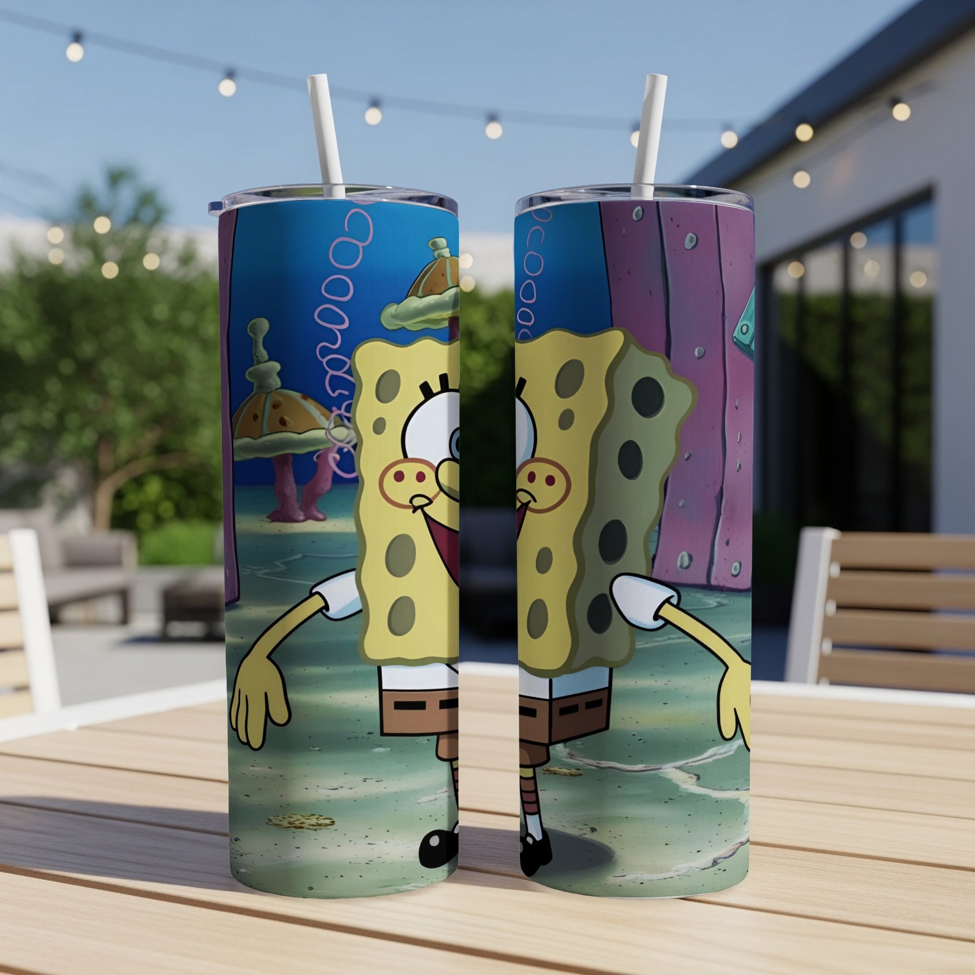 SpongeBob SquarePants tumbler with cartoon character and underwater scene.