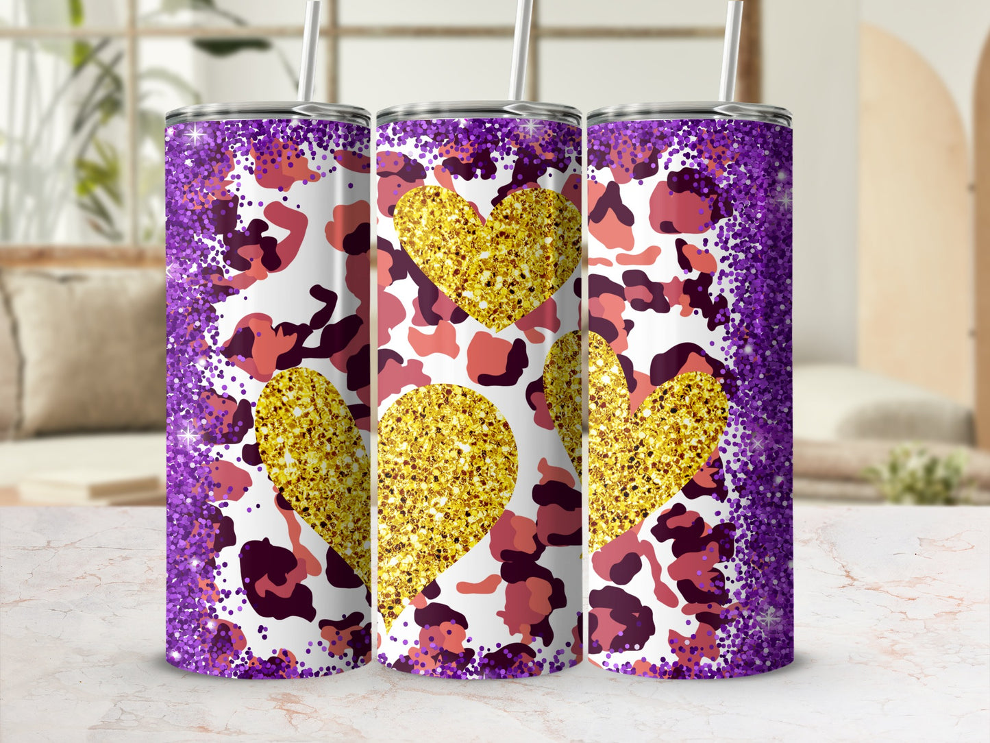 Glitter Heart Camo Purple and Gold Pattern Tumbler