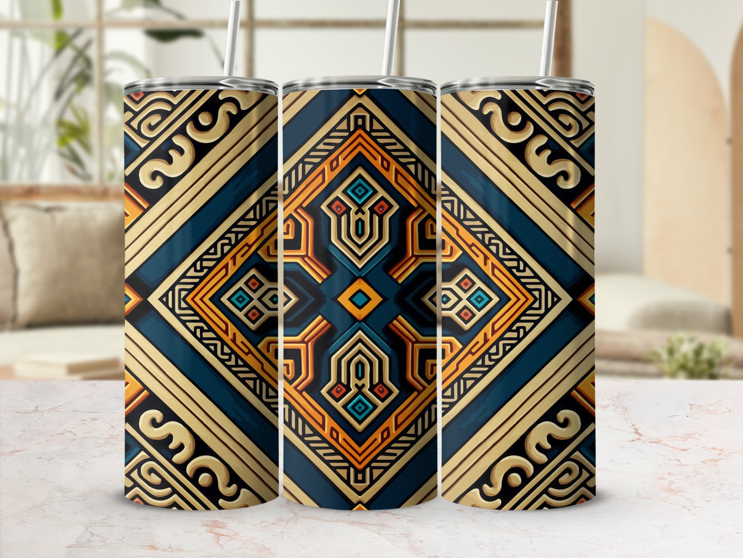 Blue and Orange Geometric Pattern Tumbler Product