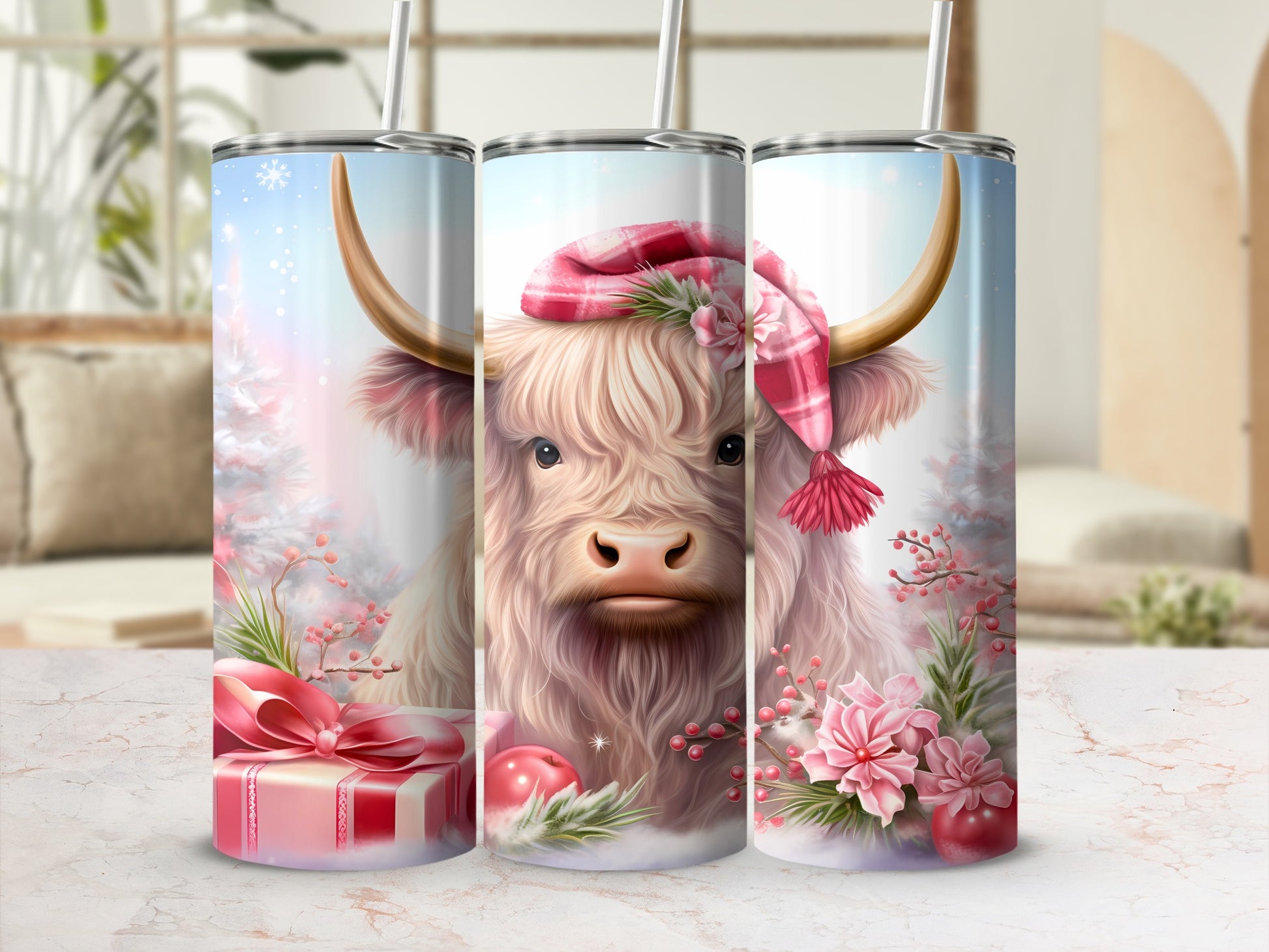Festive Highland Cow Tumbler with Holiday Decorations