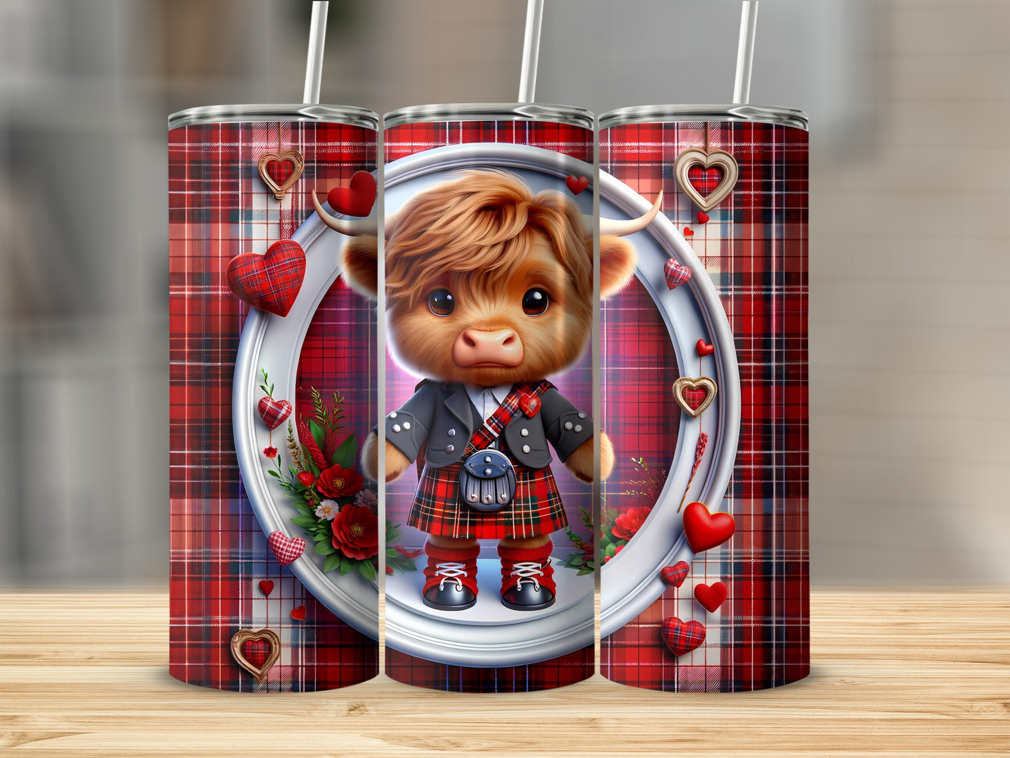 Cute Highland cow in kilt with hearts and plaid pattern.