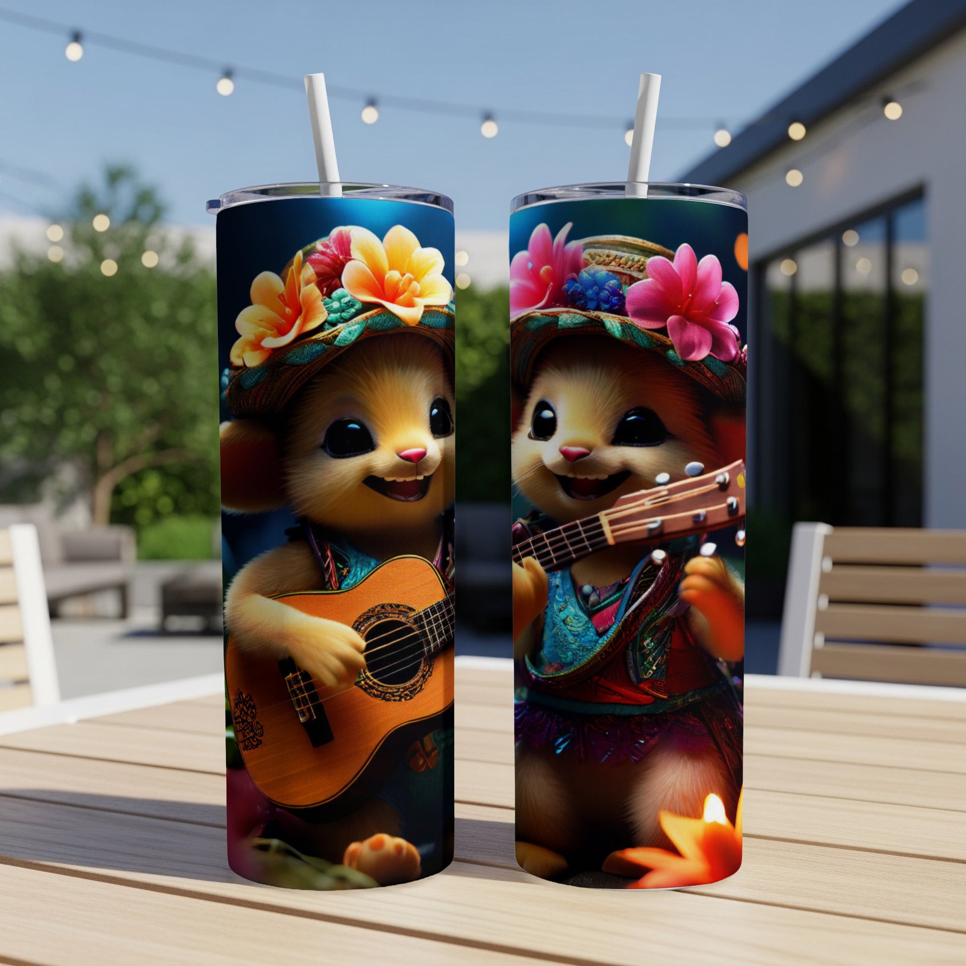 Cute hamster in a hat playing guitar and ukulele outdoors.