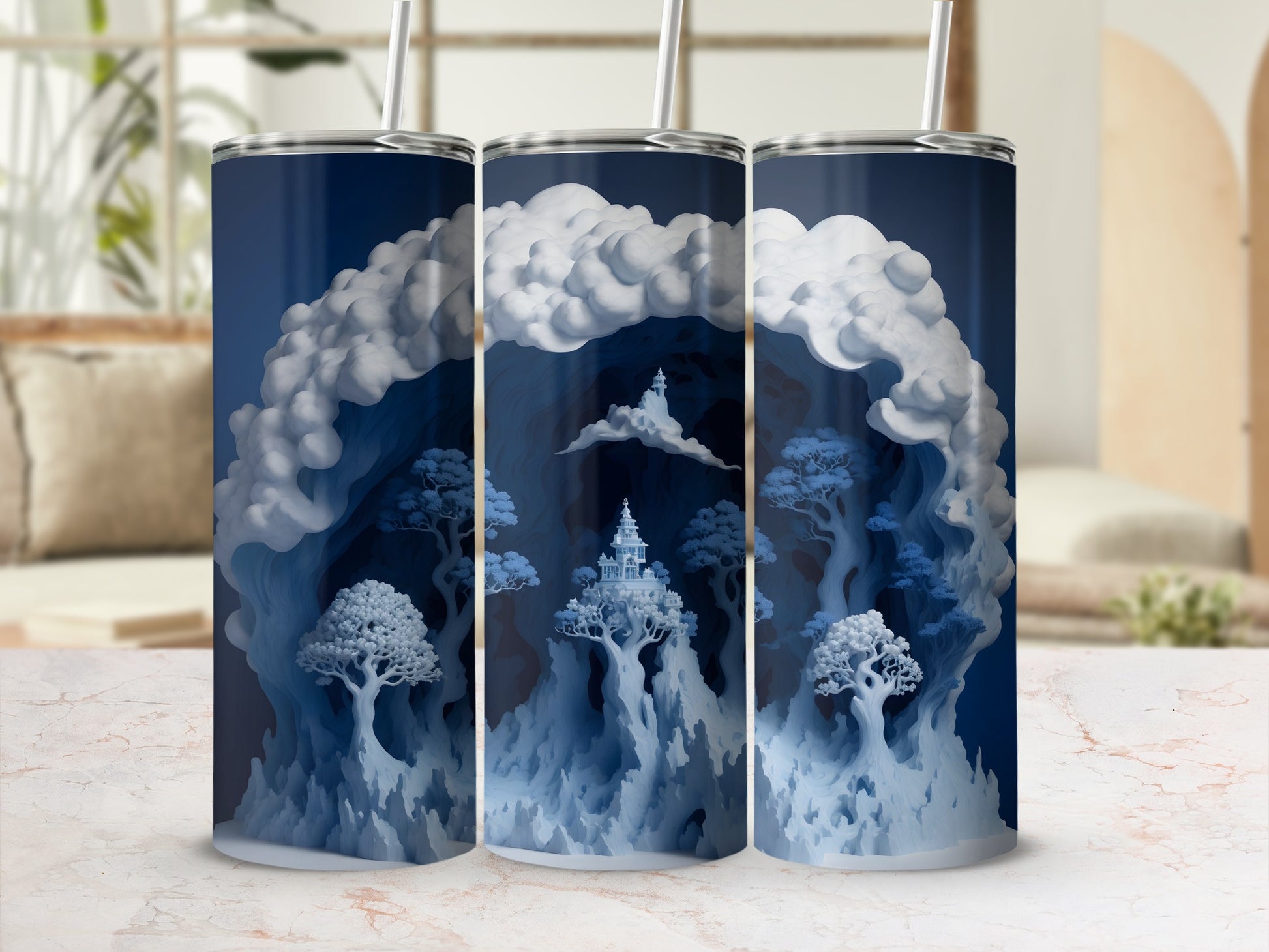 Three cylindrical tumblers featuring a surreal, blue, misty mountain landscape with temples.