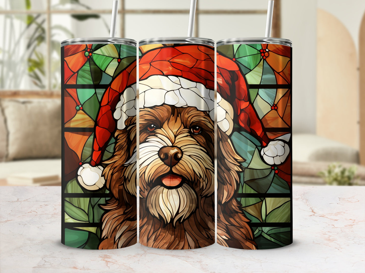 Christmas dog in stained glass pattern tumbler.