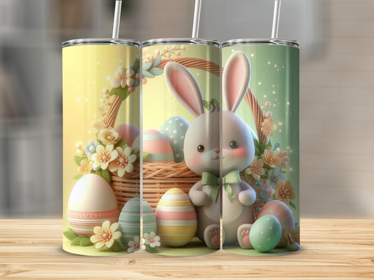 Easter bunny with basket of colorful eggs and flowers.