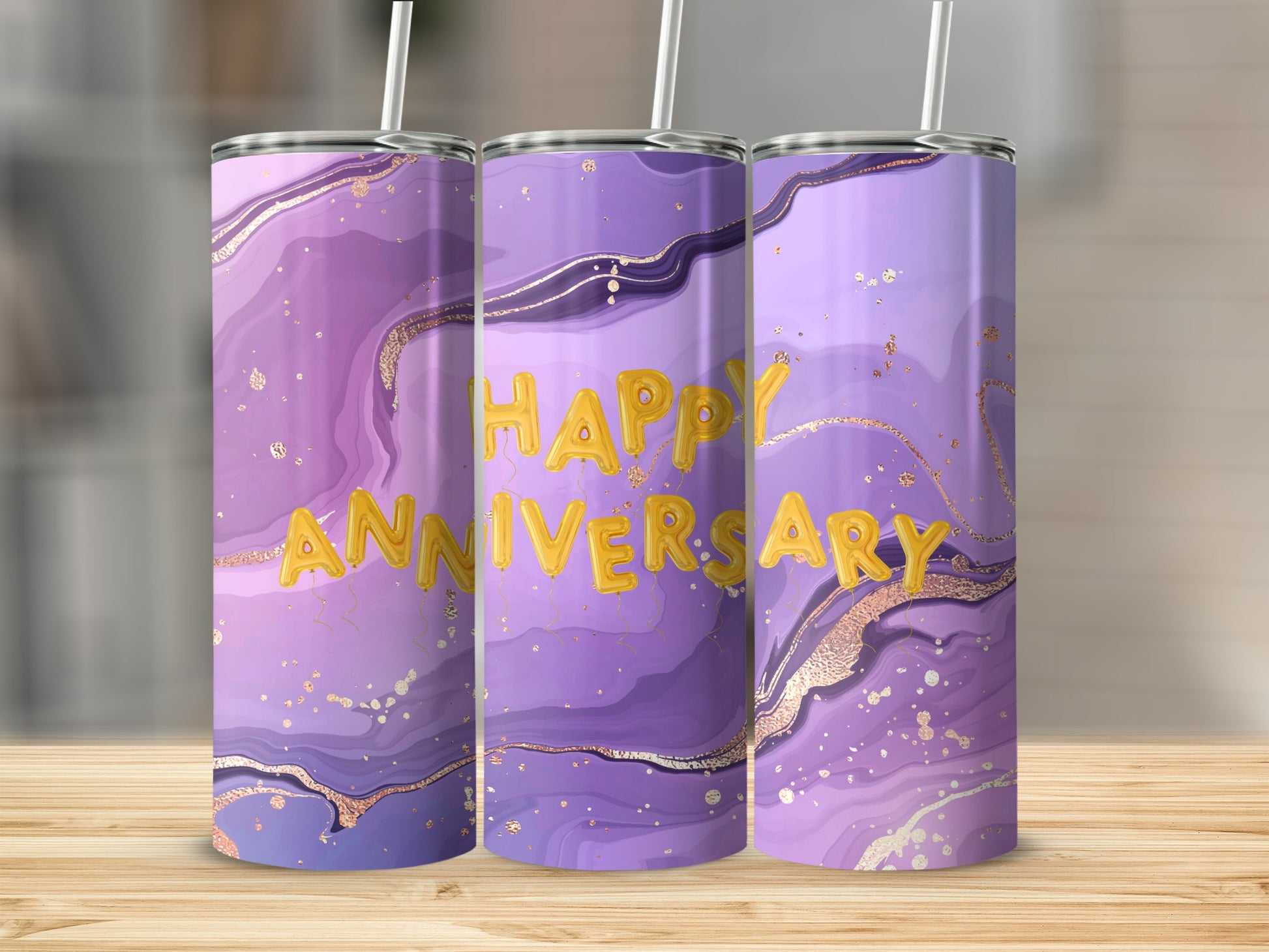 Purple marble tumbler with "Happy Anniversary" in gold glitter letters.