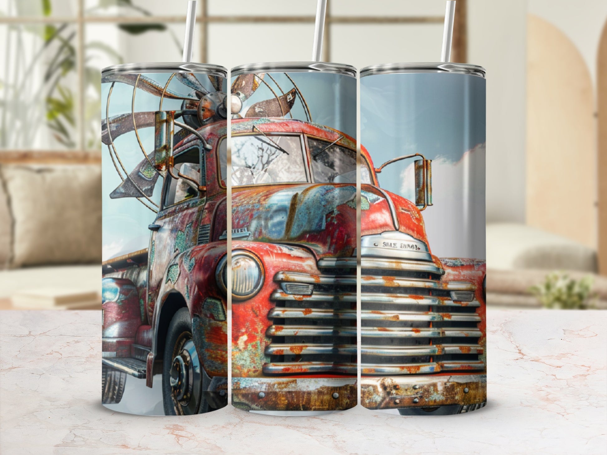 Rusted red vintage truck with fan on roof, full wrap design.