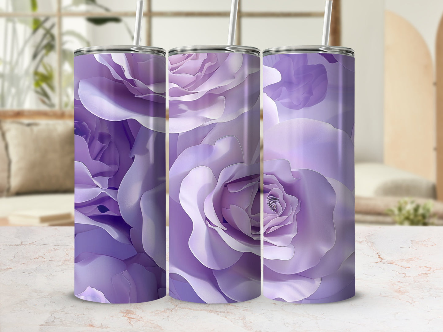 Purple roses bloom on three seamless tumblers with straws.
