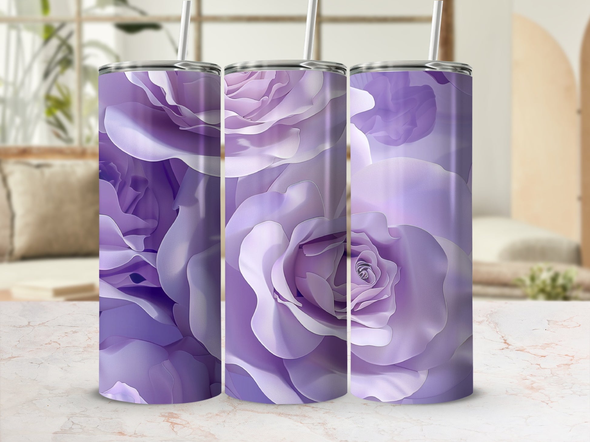 Purple roses bloom on three seamless tumblers with straws.