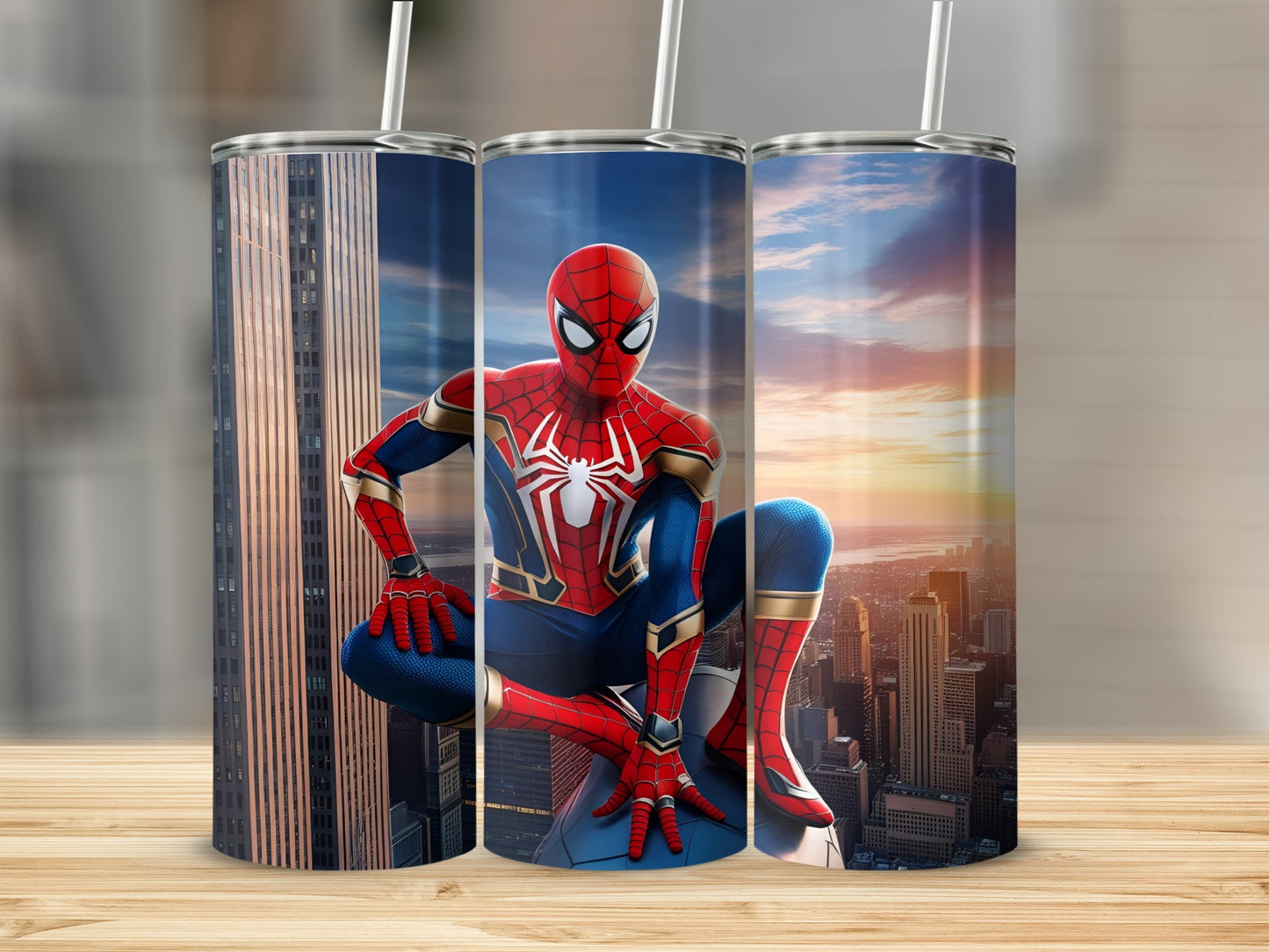 Spiderman perched on a skyscraper against a sunset city background.