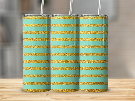 Three tumblers with mint green and gold glitter stripes.