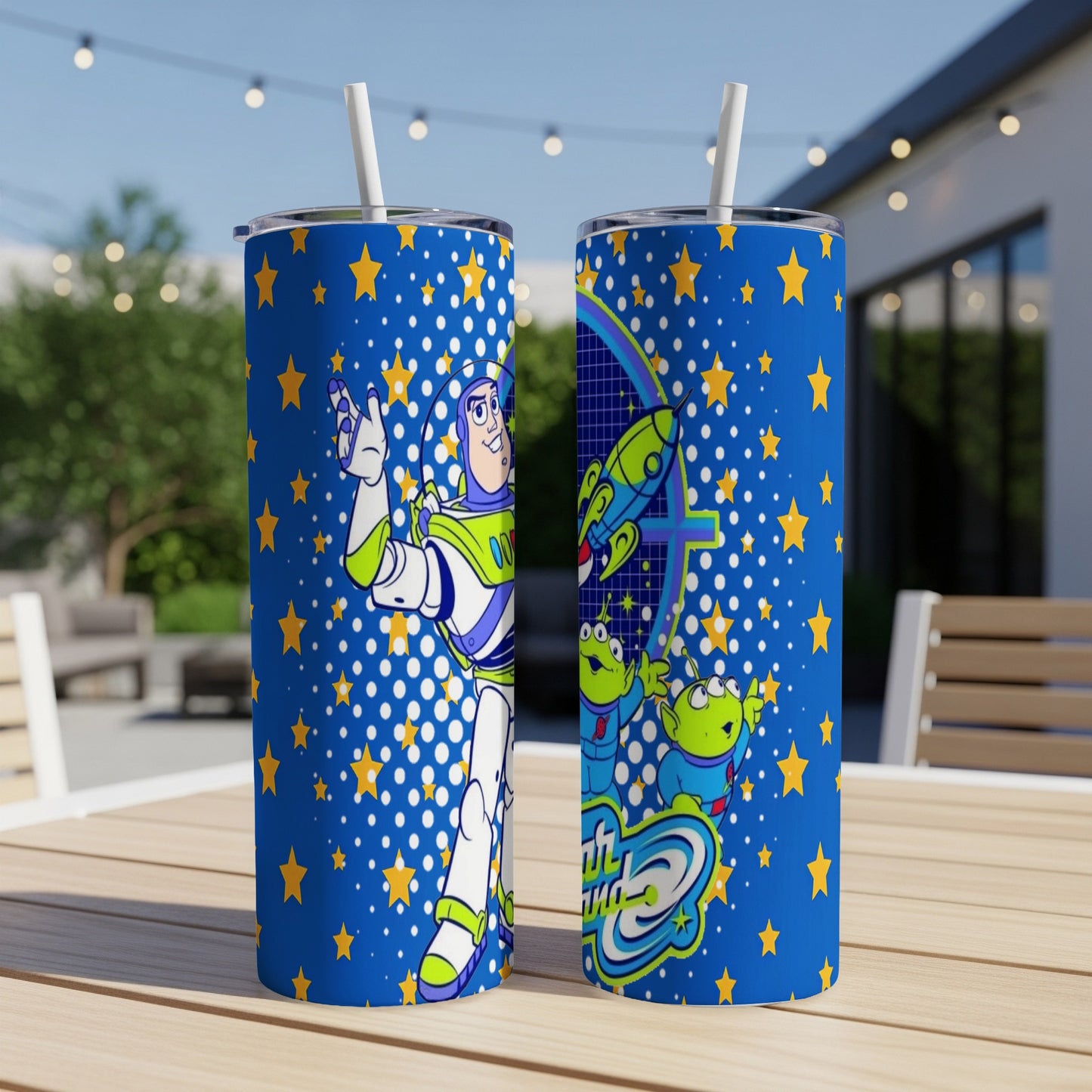 Buzz Lightyear and aliens on a blue tumbler with stars and a "Toy Story" logo.