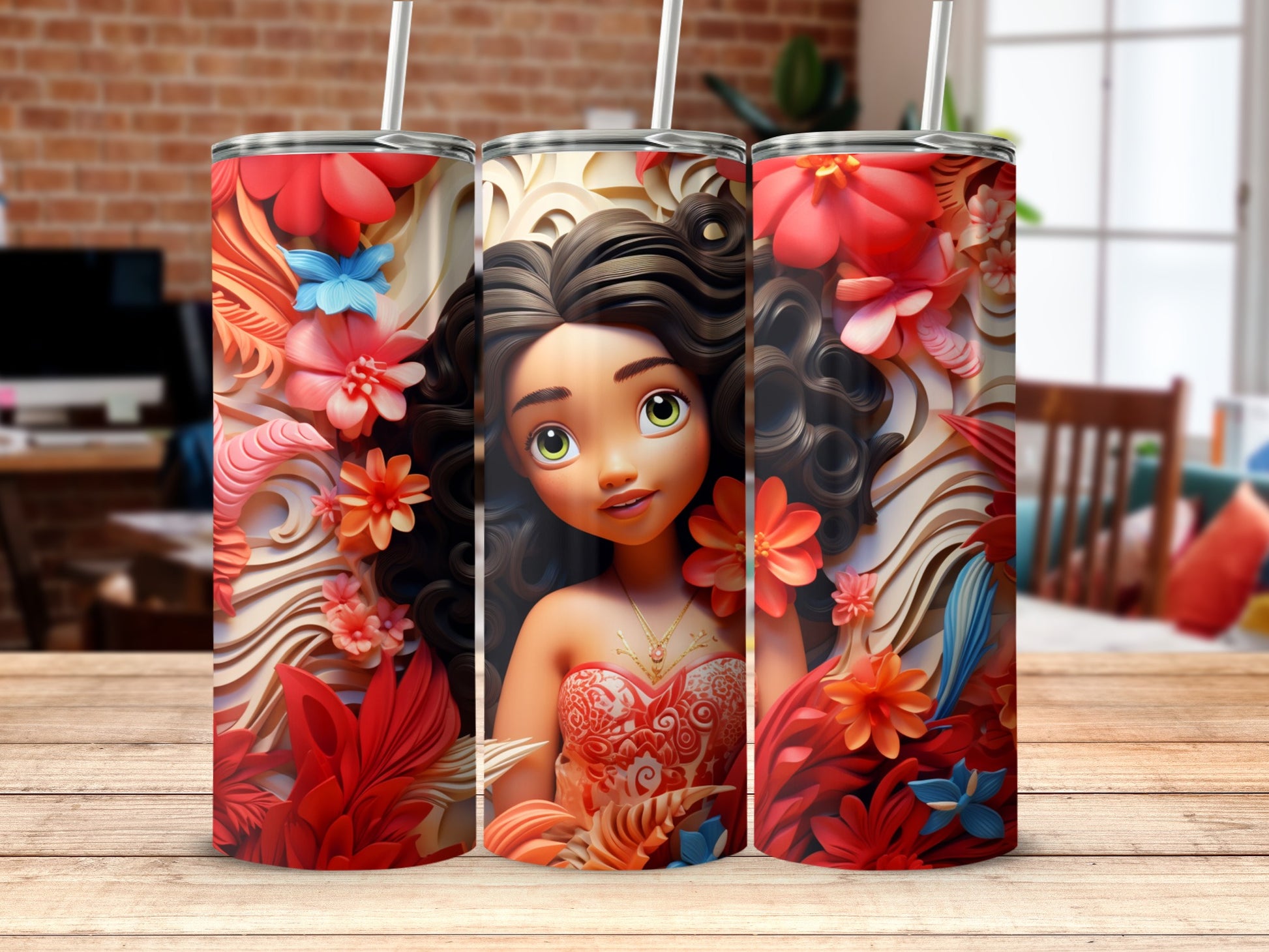 Colorful Floral Woman Tumbler with Straw Beverage Holder