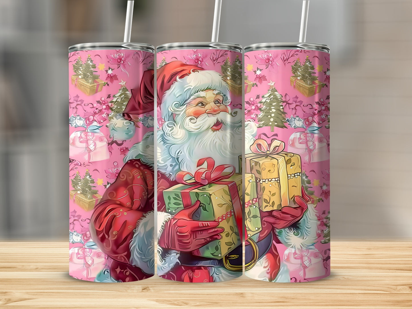 Santa Claus holding gifts with pink Christmas trees and presents background.
