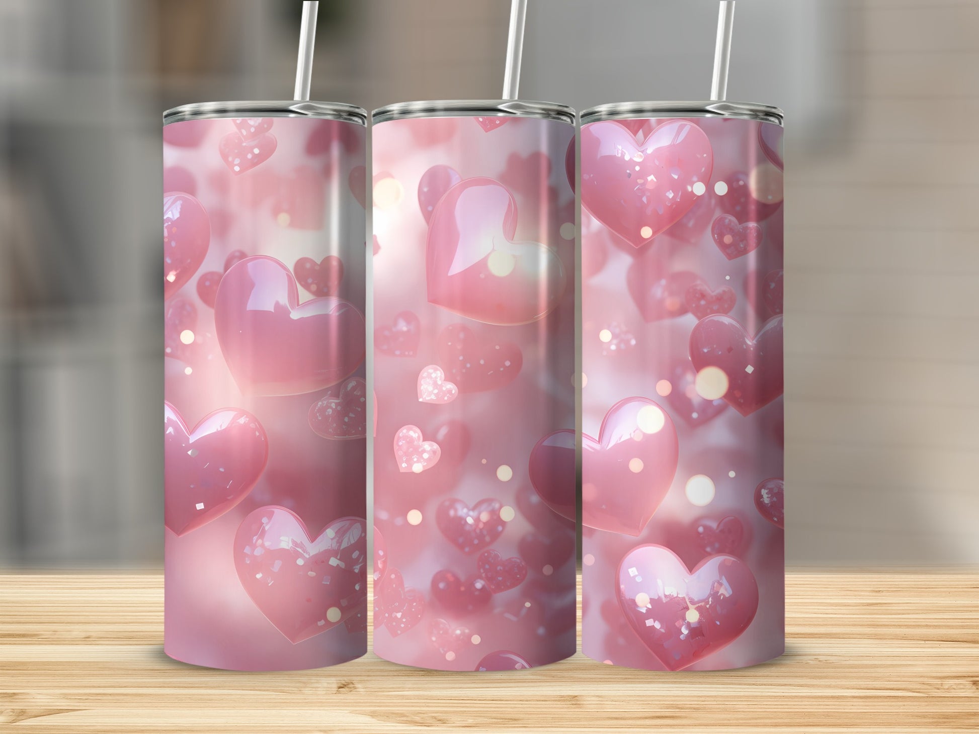 Pink hearts pattern on three seamless tumblers with straws on a wooden surface.