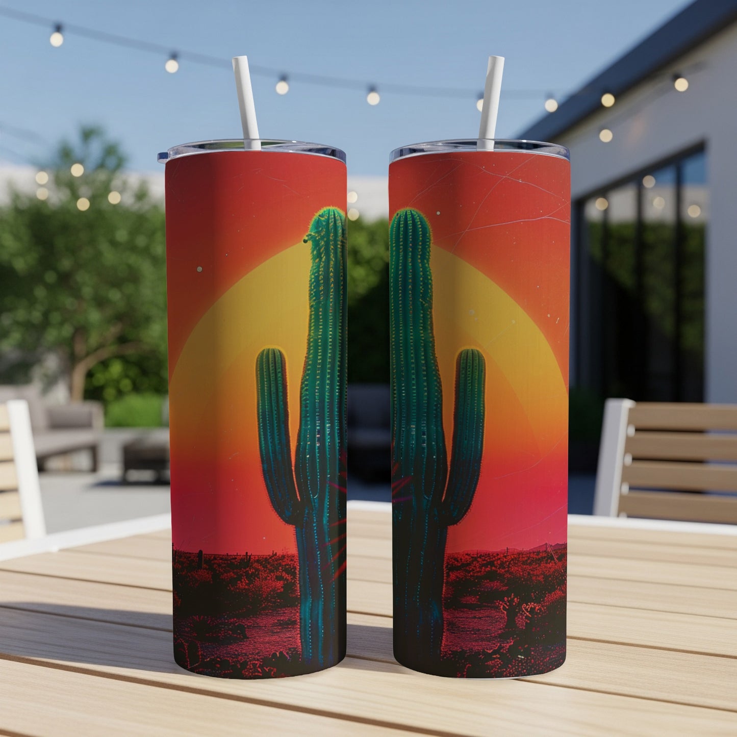 Two tall saguaro cacti against a vibrant sunset, displayed on a table.