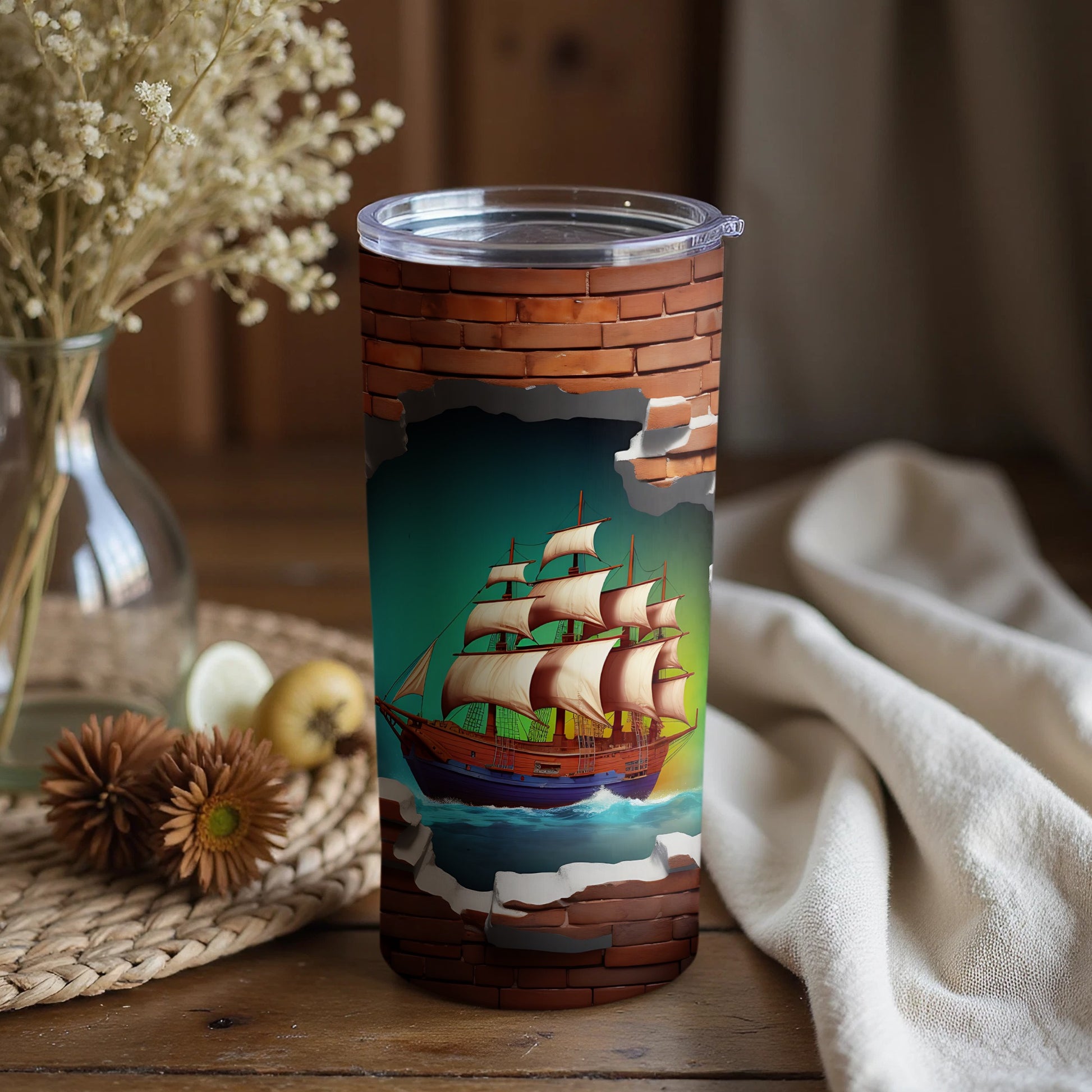 Sailing Ship in Brick Wall Design Tumbler