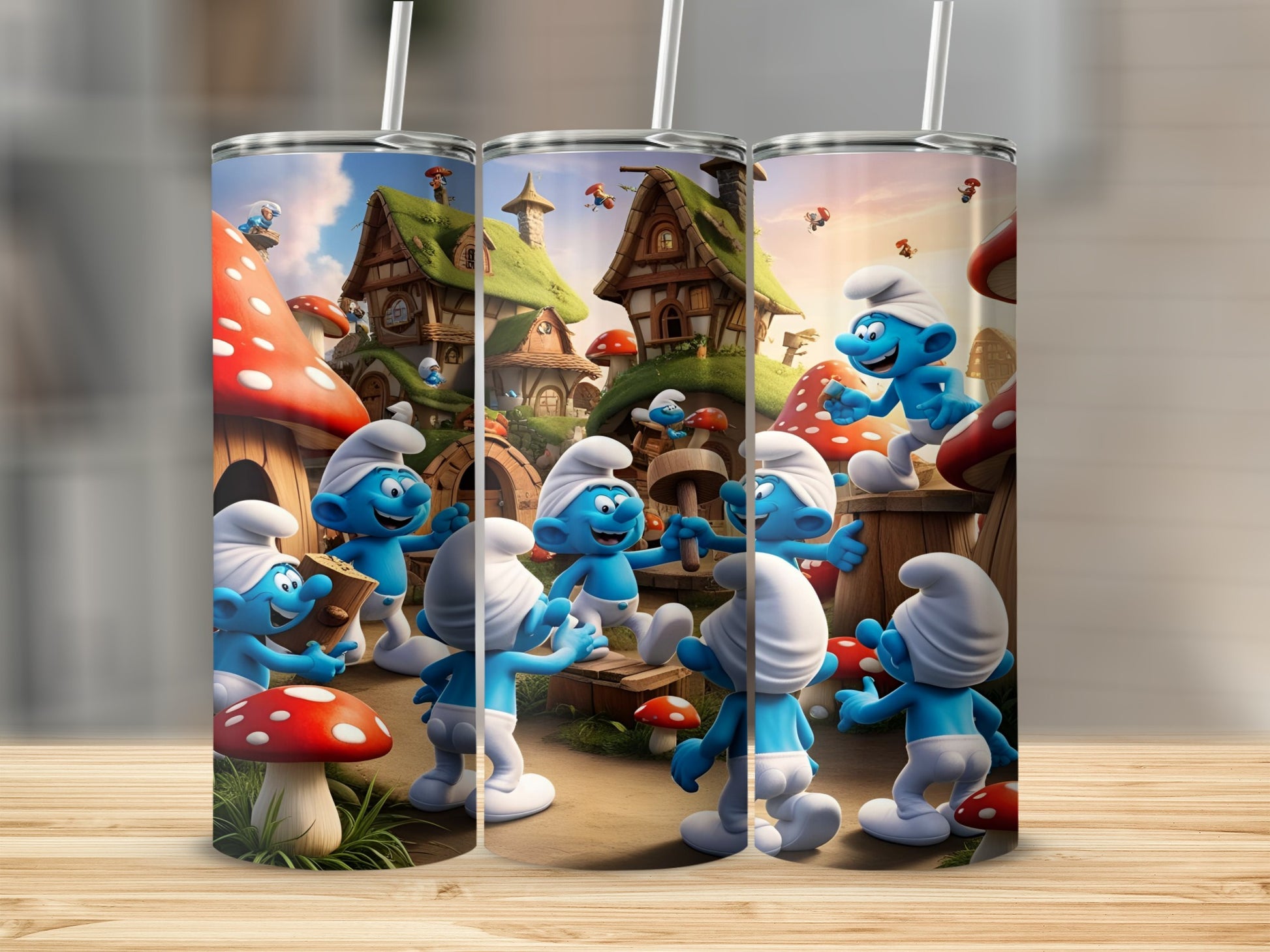 Smurfs in a village with mushroom houses and a wooden table.
