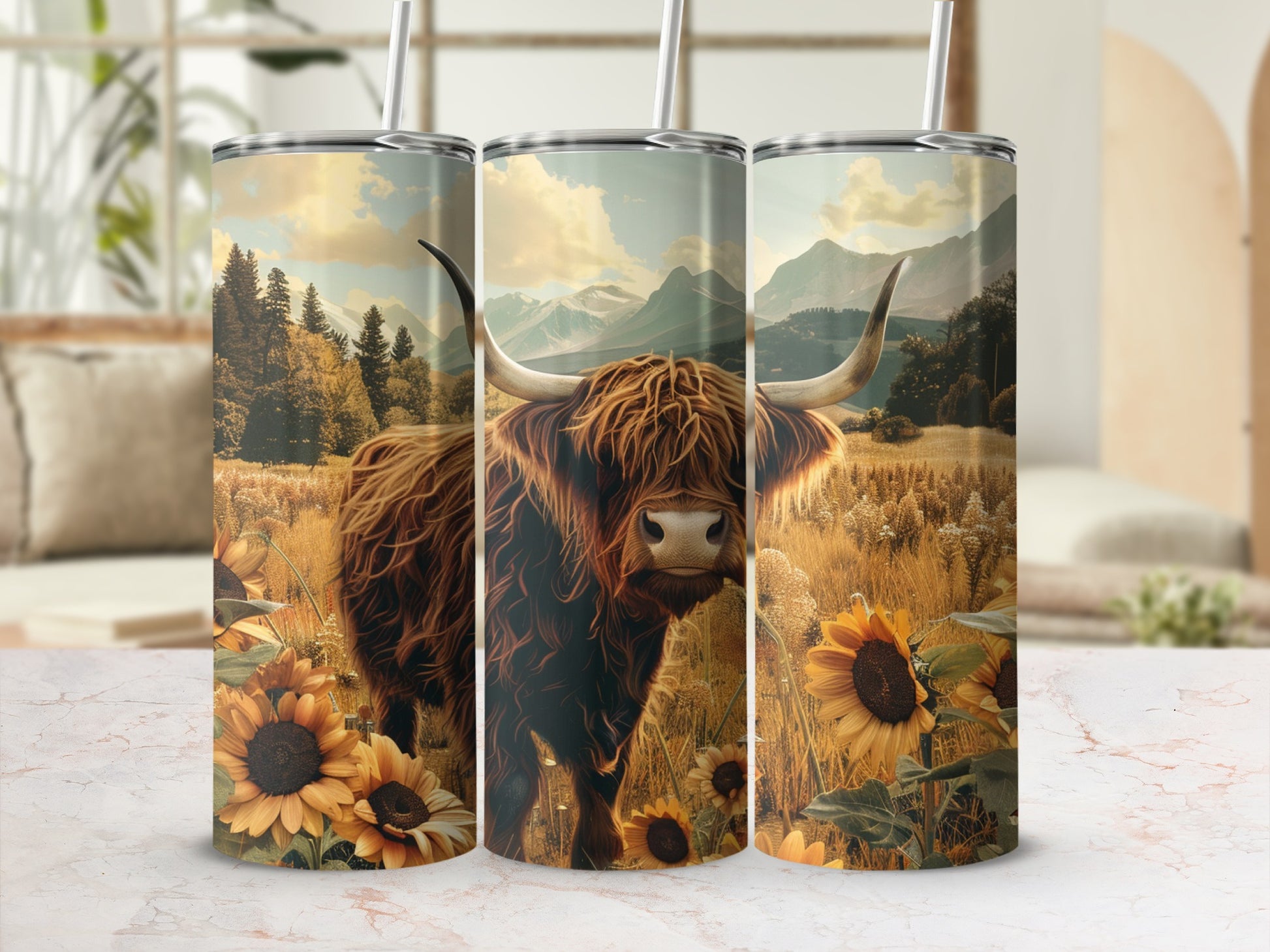 Highland cow in field of sunflowers and wheat, mountains in background.