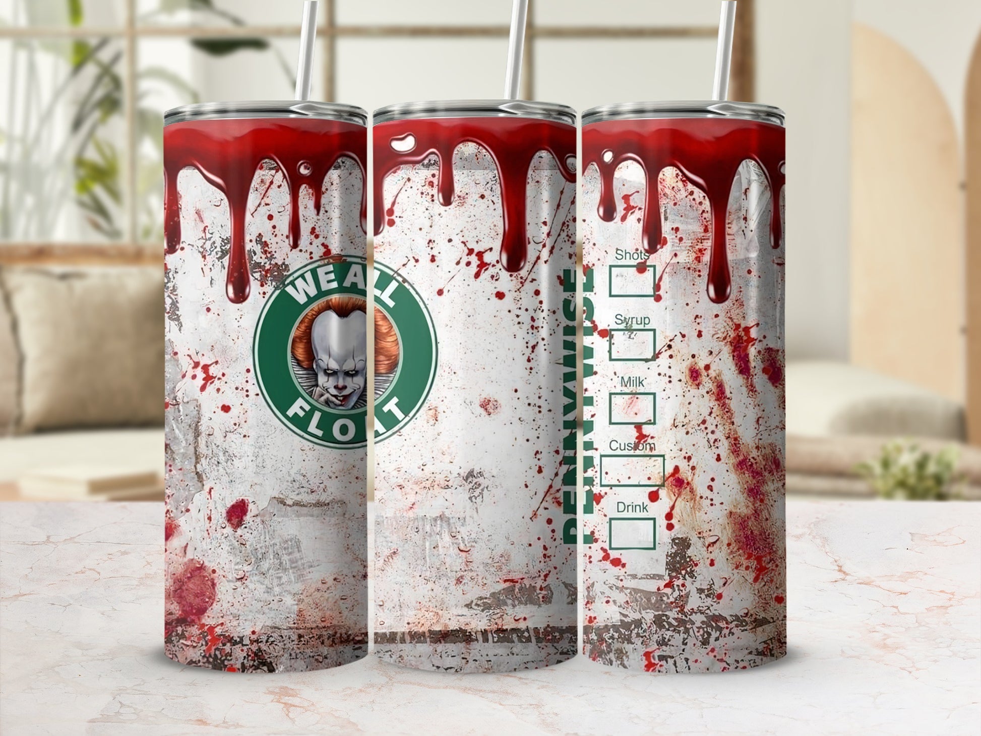 Tumbler with Pennywise face and blood splatters, "We All Float" text.