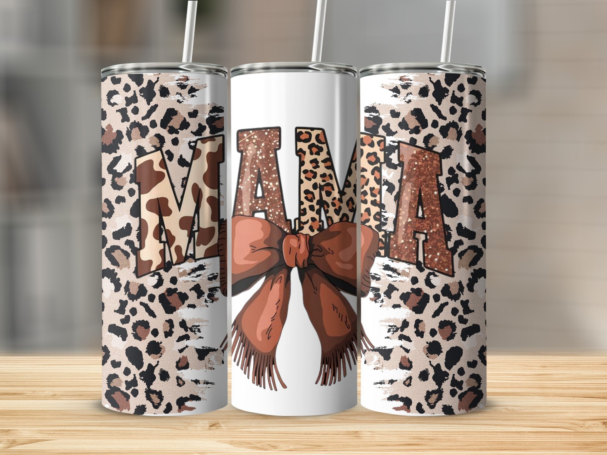 Leopard Print MAMA Tumbler with Cute Bow Design