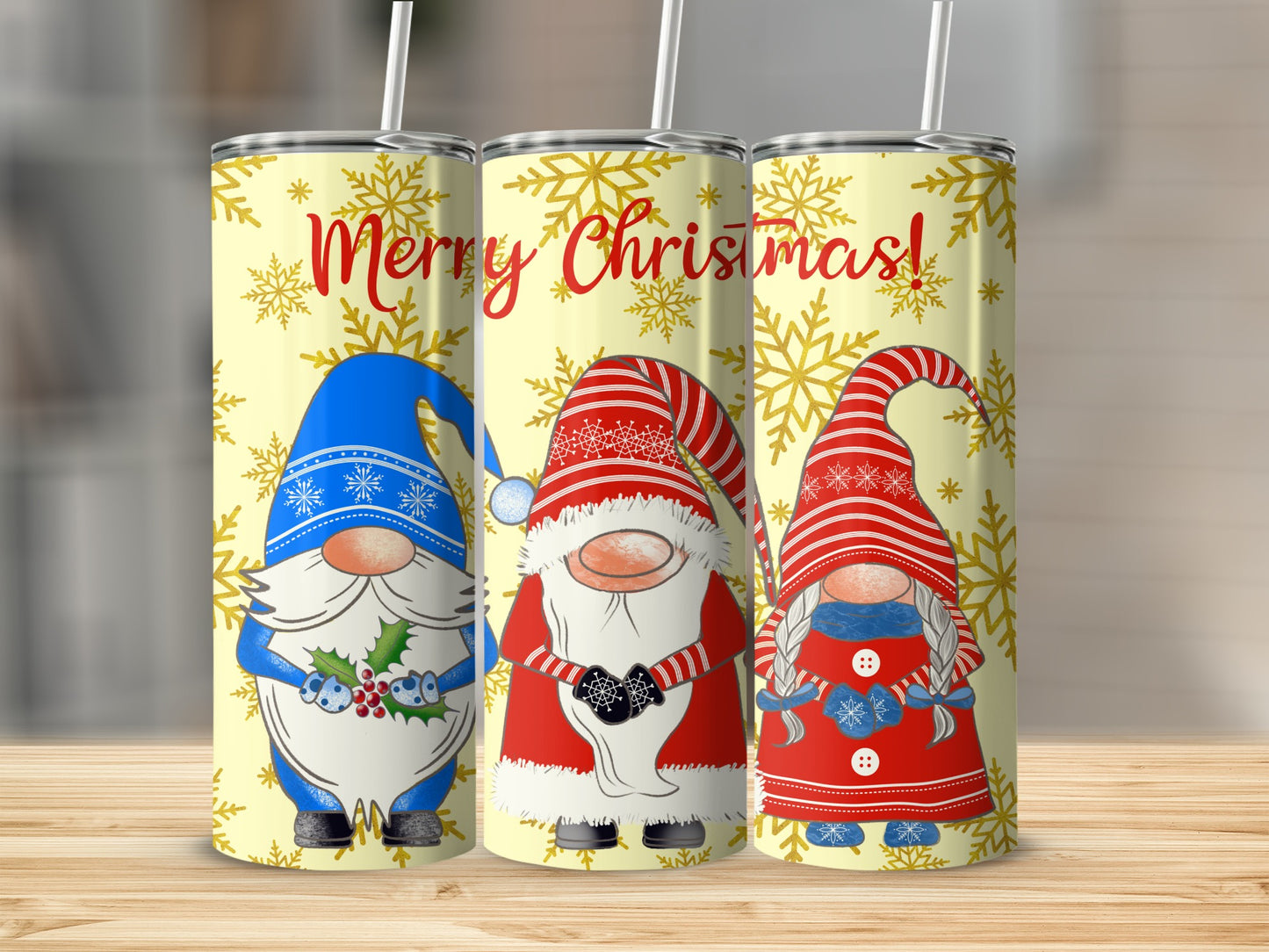 Three Christmas gnomes with snowflakes and "Merry Christmas!" text.