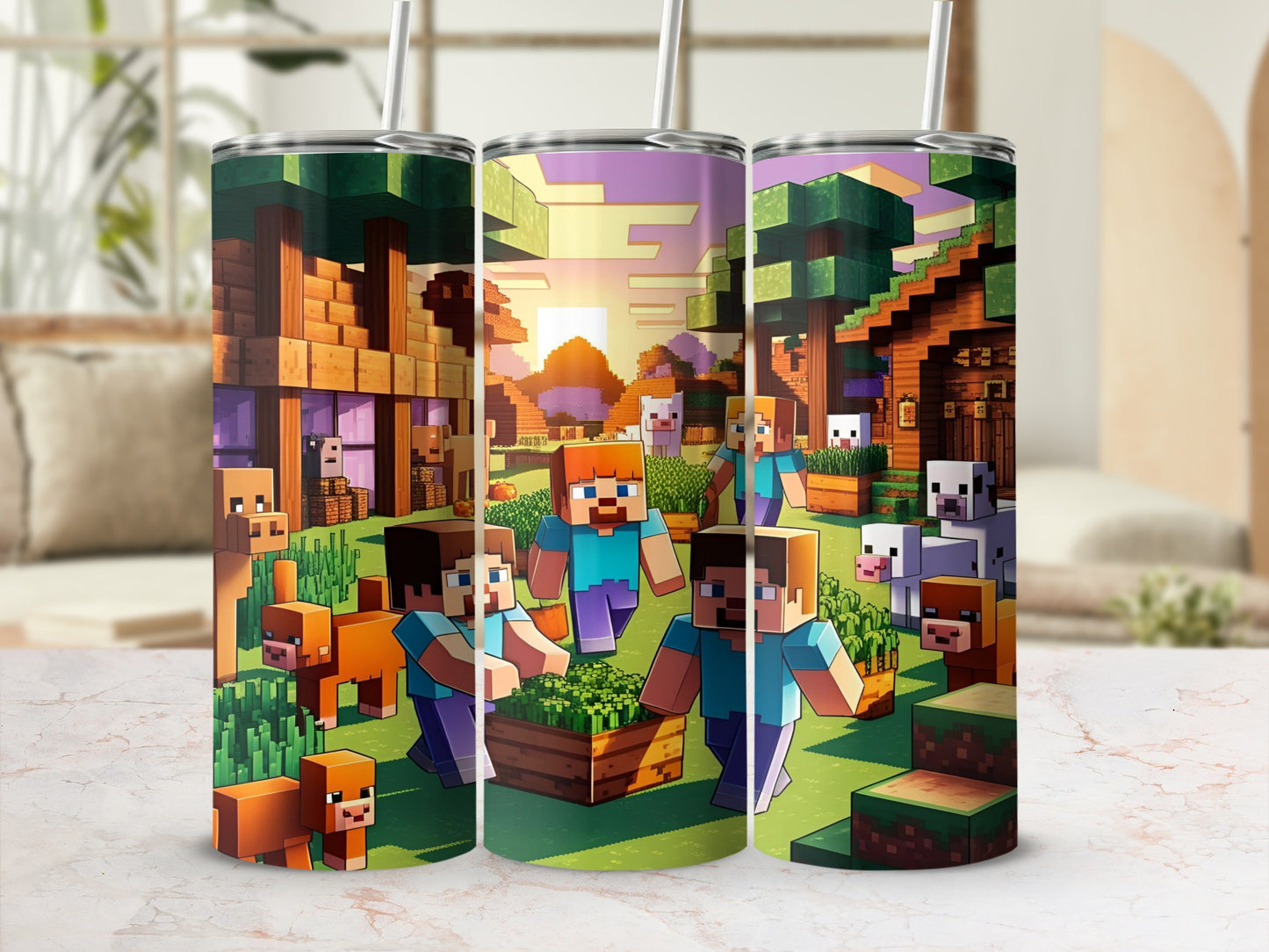 Minecraft-themed tumbler with pixelated characters, animals, and village scenes.