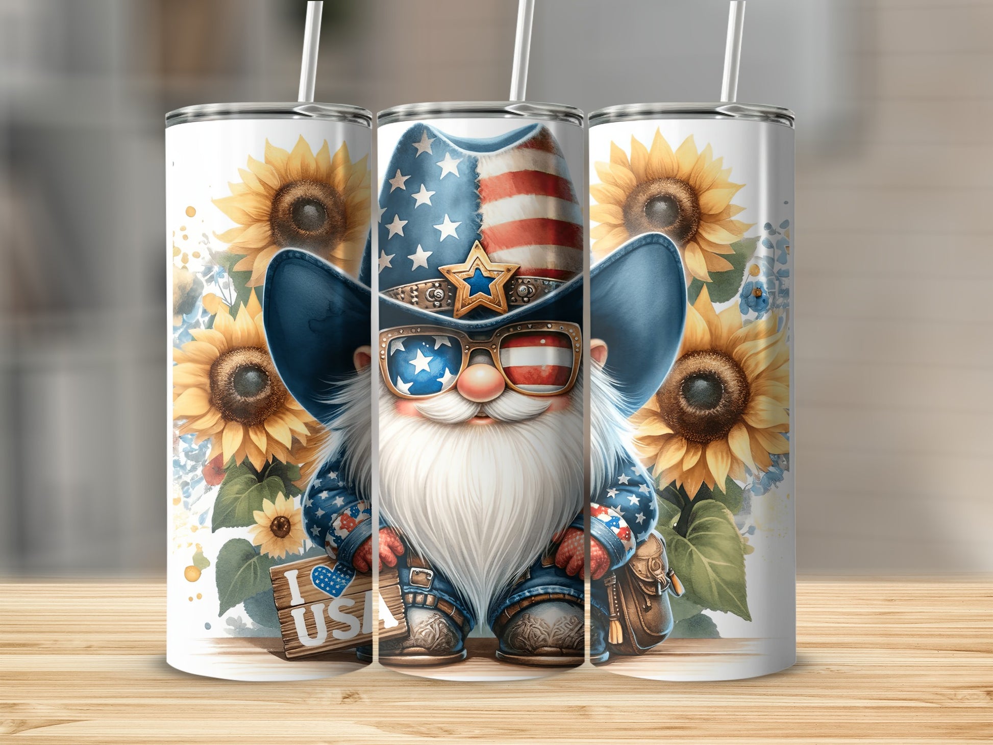 Gnome in patriotic cowboy hat and sunglasses holds "I ❤️ USA" sign.